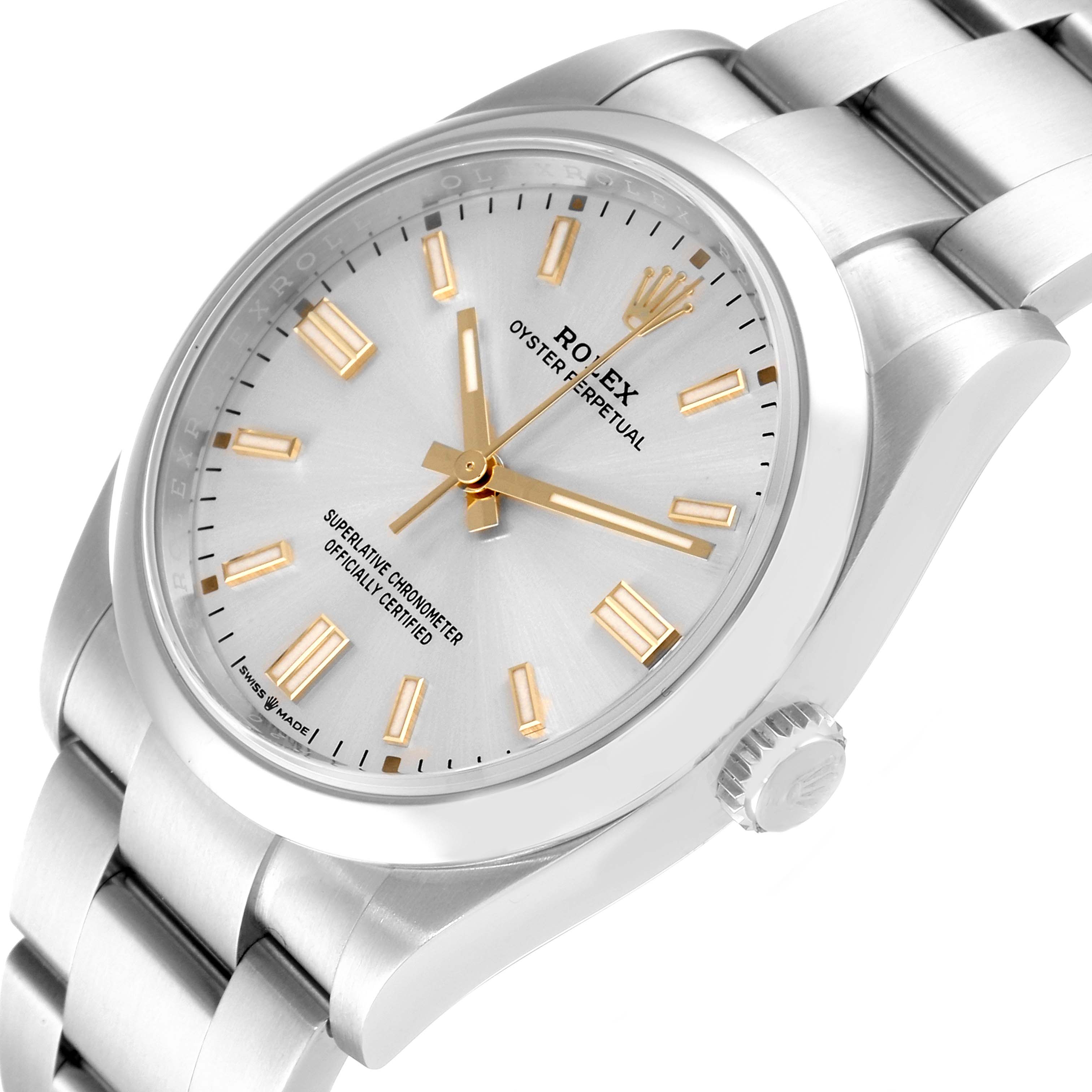 The image shows a Rolex Oyster Perpetual 126000 Men
s Stainless Steel Silver Dial 126000 Men
s Stainless Steel Silver Dial watch at an angled view, highlighting the dial, crown, and part of the bracelet.