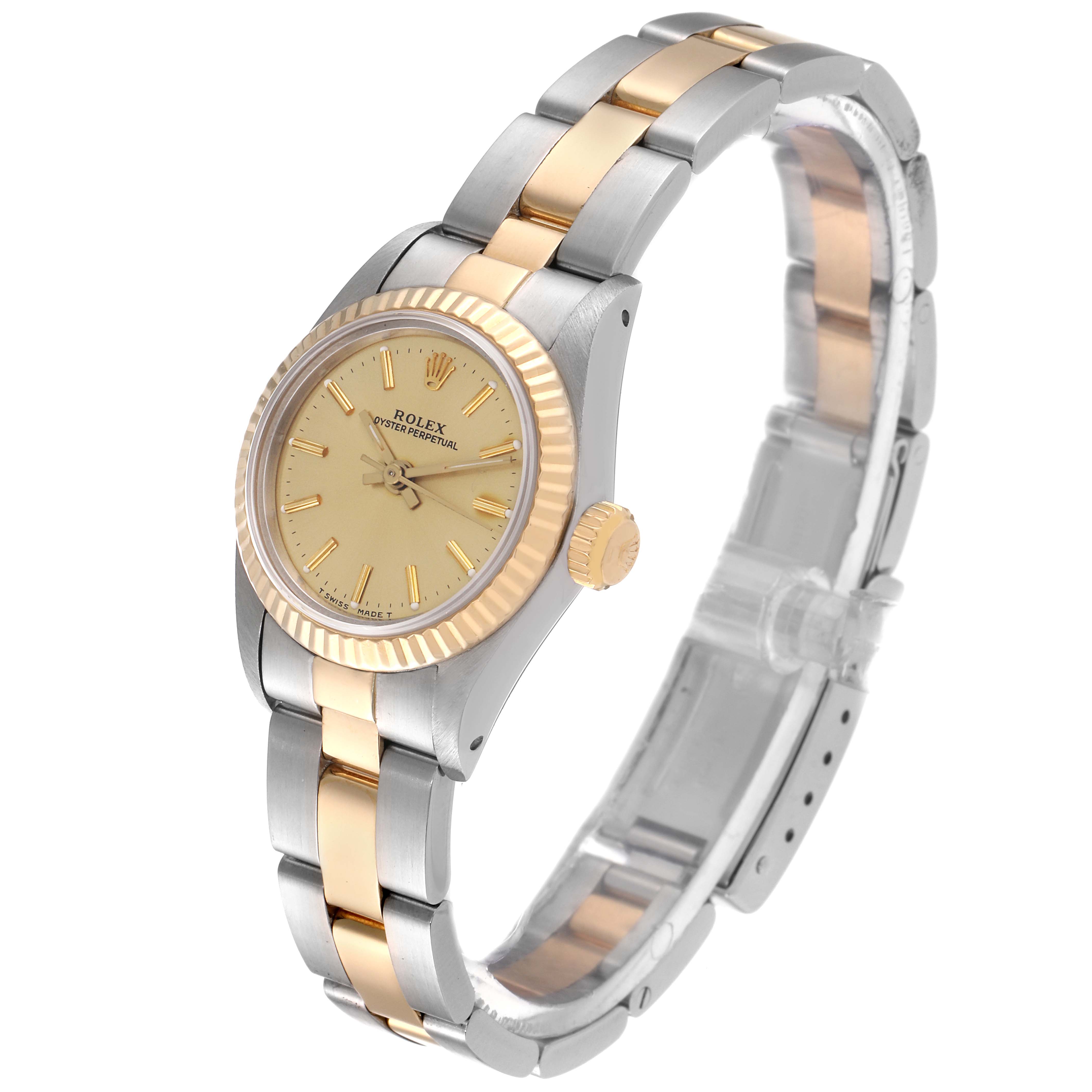 The image shows a side and front view of the Rolex Oyster Perpetual 67193 Women's Steel and Gold (two tone) Champagne Dial 67193 Women's Steel and Gold (two tone) Champagne Dial, showcasing the watch face, bezel, crown, and bracelet.
