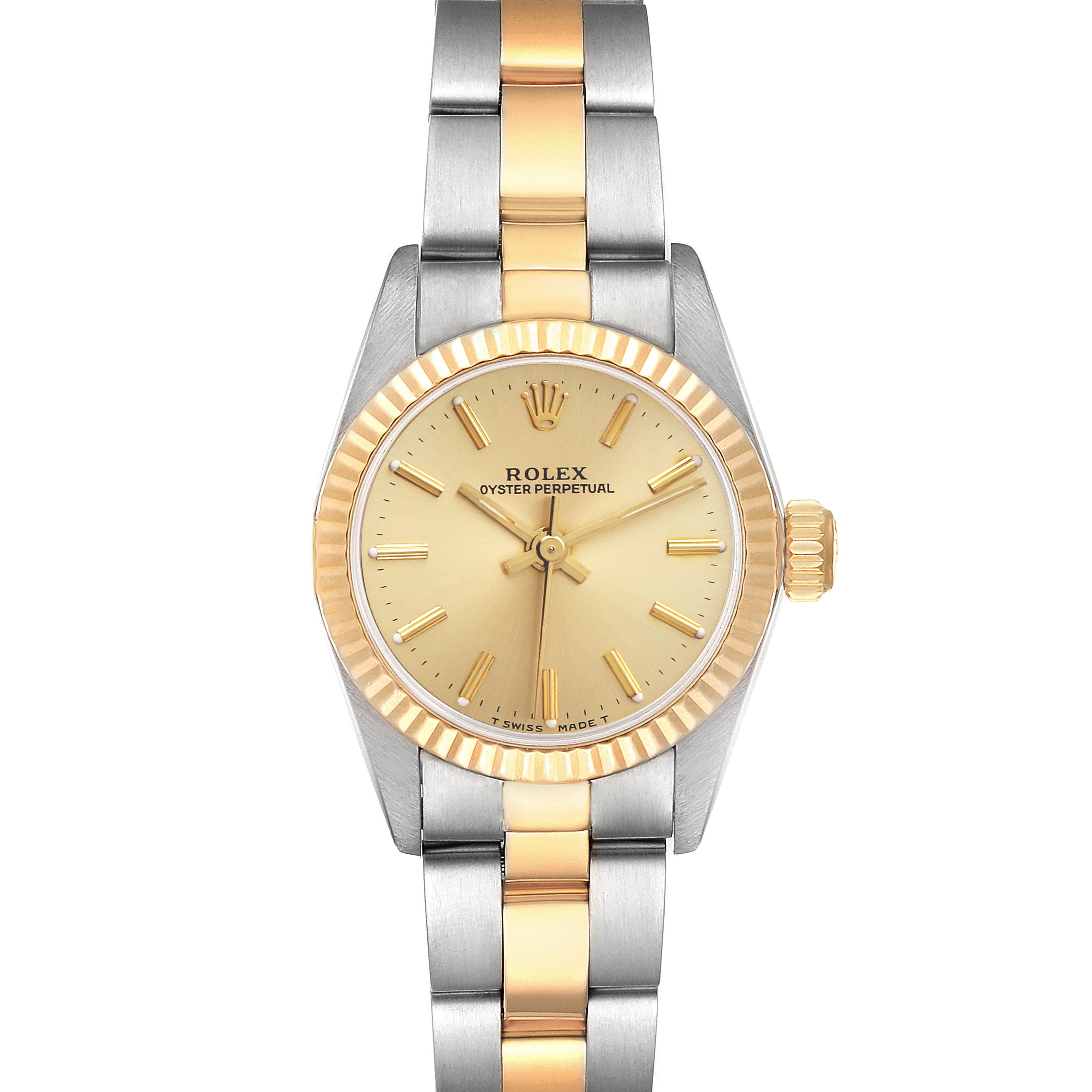 The image shows a front view of a Rolex Oyster Perpetual 67193 Women's Steel and Gold (two tone) Champagne Dial 67193 Women's Steel and Gold (two tone) Champagne Dial watch, highlighting its dial, bezel, and bi-metal bracelet.