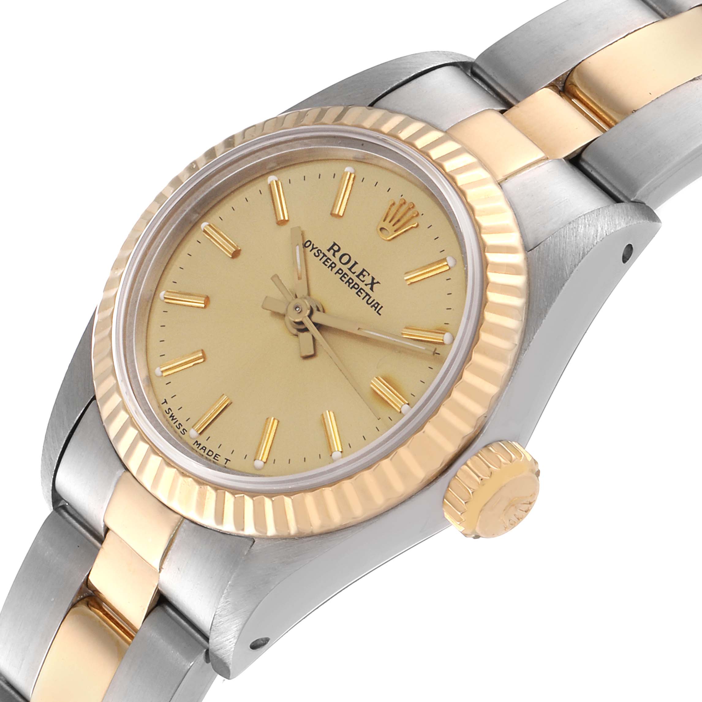 The image shows a close-up angle of the Rolex Oyster Perpetual 67193 Women's Steel and Gold (two tone) Champagne Dial 67193 Women's Steel and Gold (two tone) Champagne Dial's dial, bezel, and part of the bracelet.