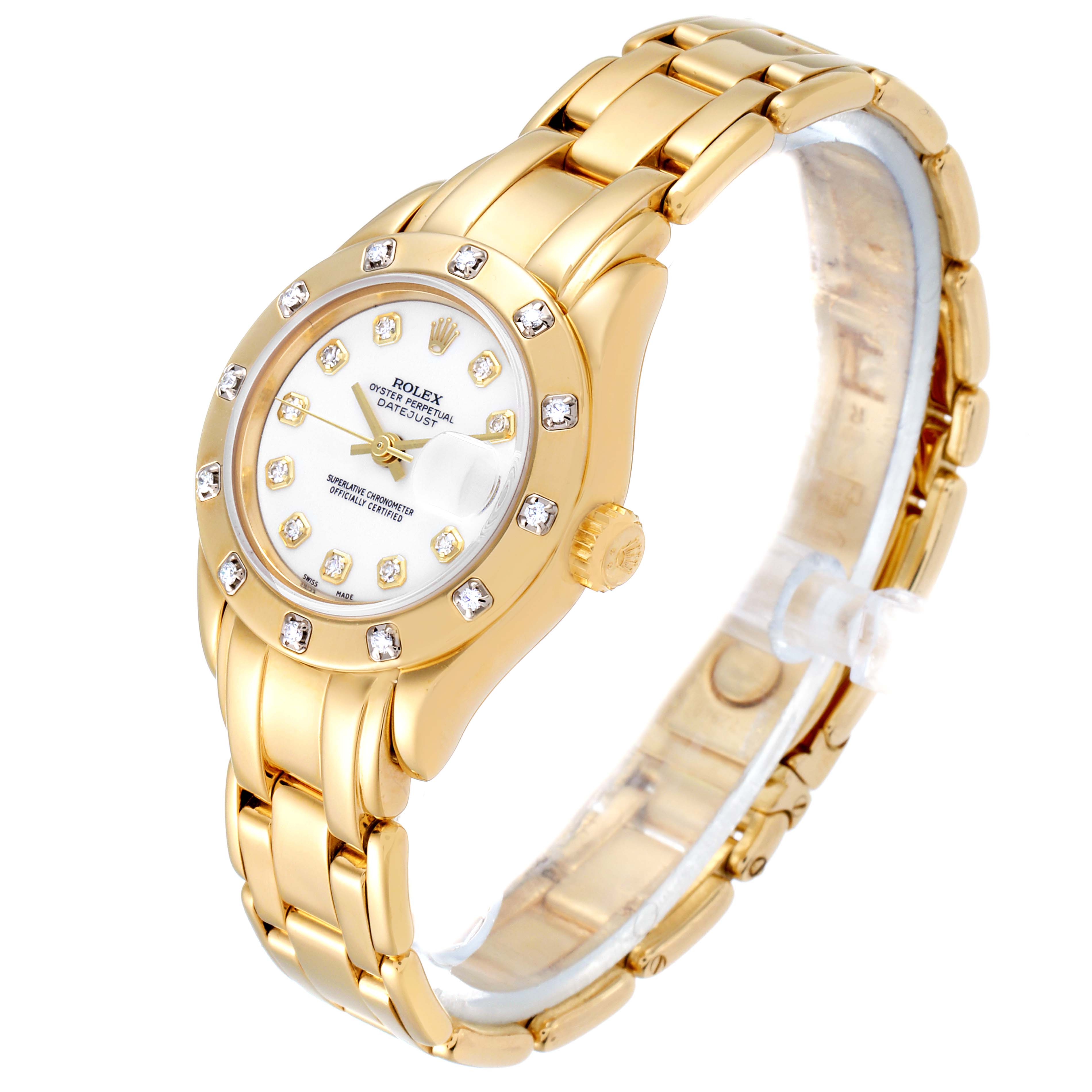 The Rolex Pearlmaster 69318 Women
s Yellow Gold White Dial 69318 Women
s Yellow Gold White Dial watch is displayed at an angle revealing its gold case, bezel with diamonds, dial, and bracelet.
