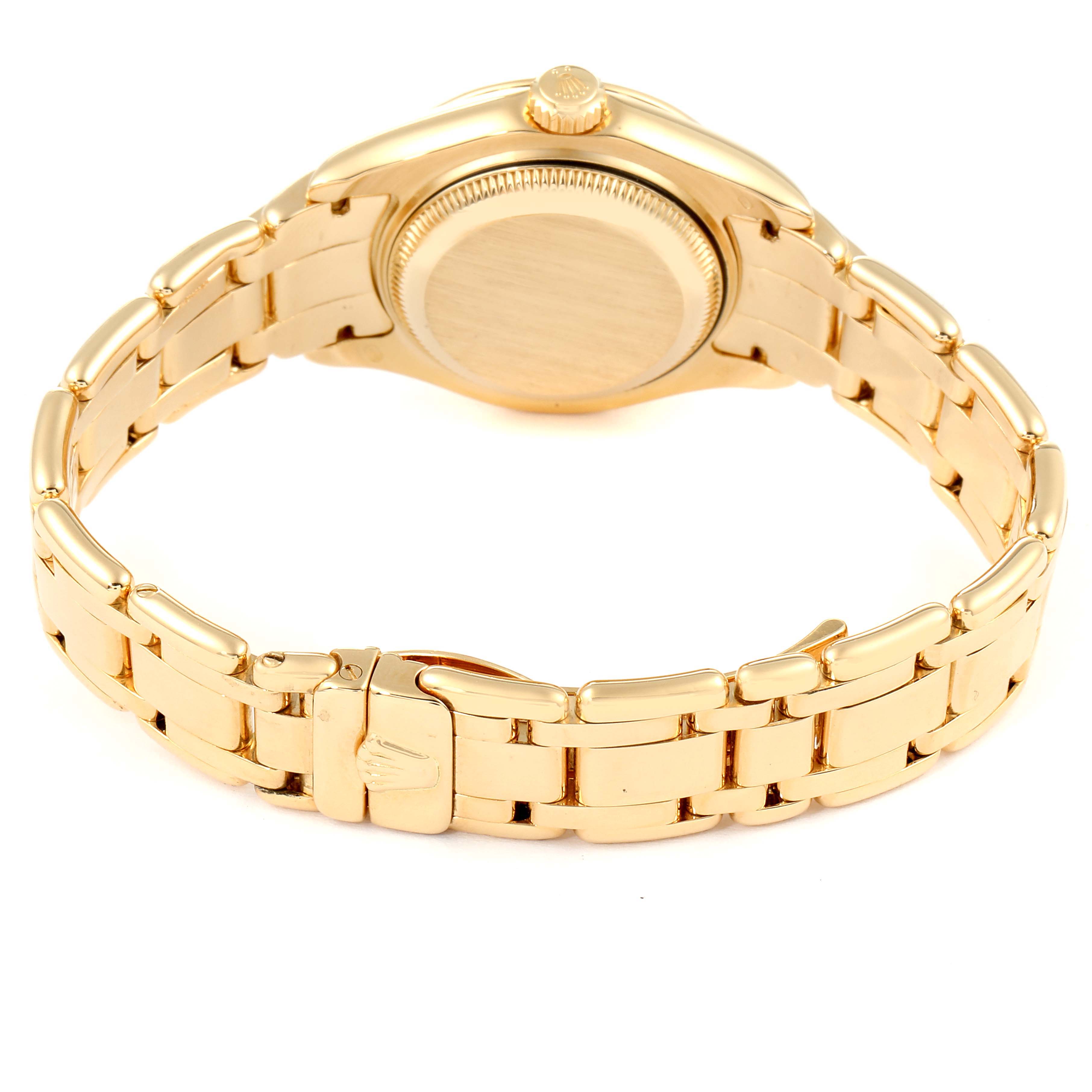 The image shows the back view of a Rolex Pearlmaster 69318 Women
s Yellow Gold White Dial 69318 Women
s Yellow Gold White Dial watch, highlighting the bracelet and case back.