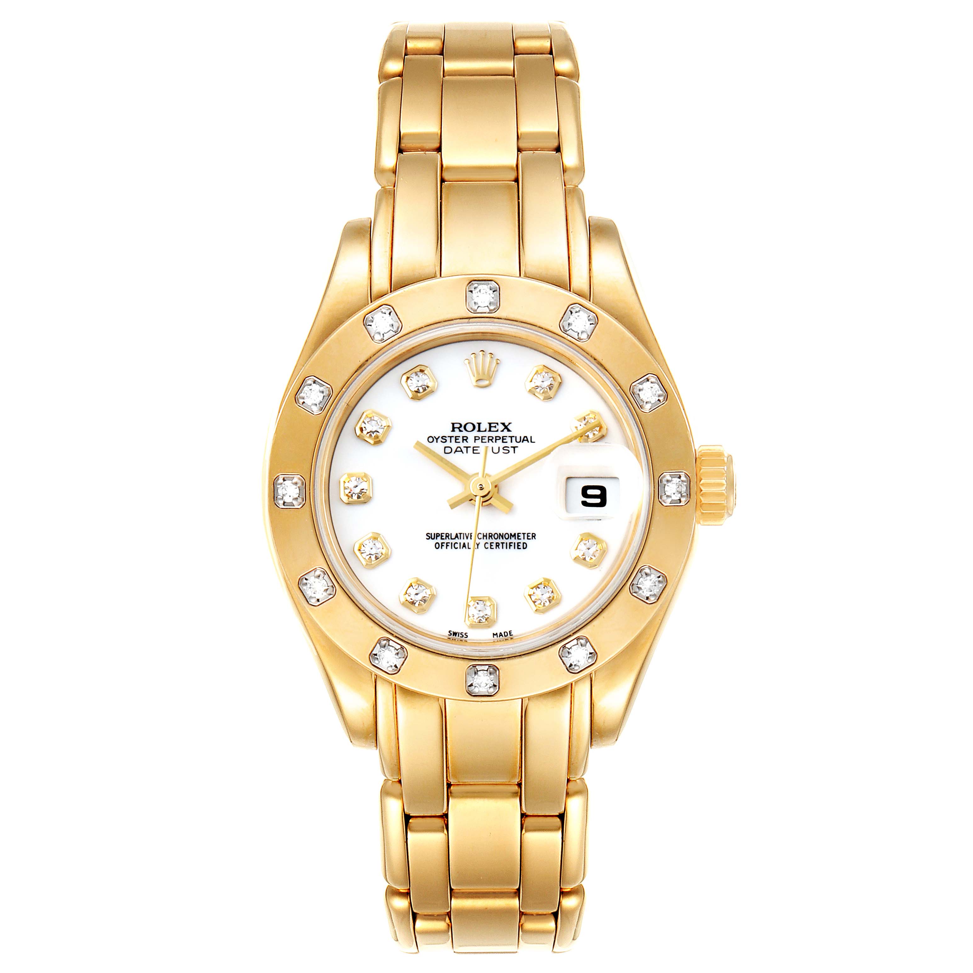 The image shows a front view of the Rolex Pearlmaster 69318 Women
s Yellow Gold White Dial 69318 Women
s Yellow Gold White Dial watch, highlighting its gold bracelet, bezel, and dial with date display.