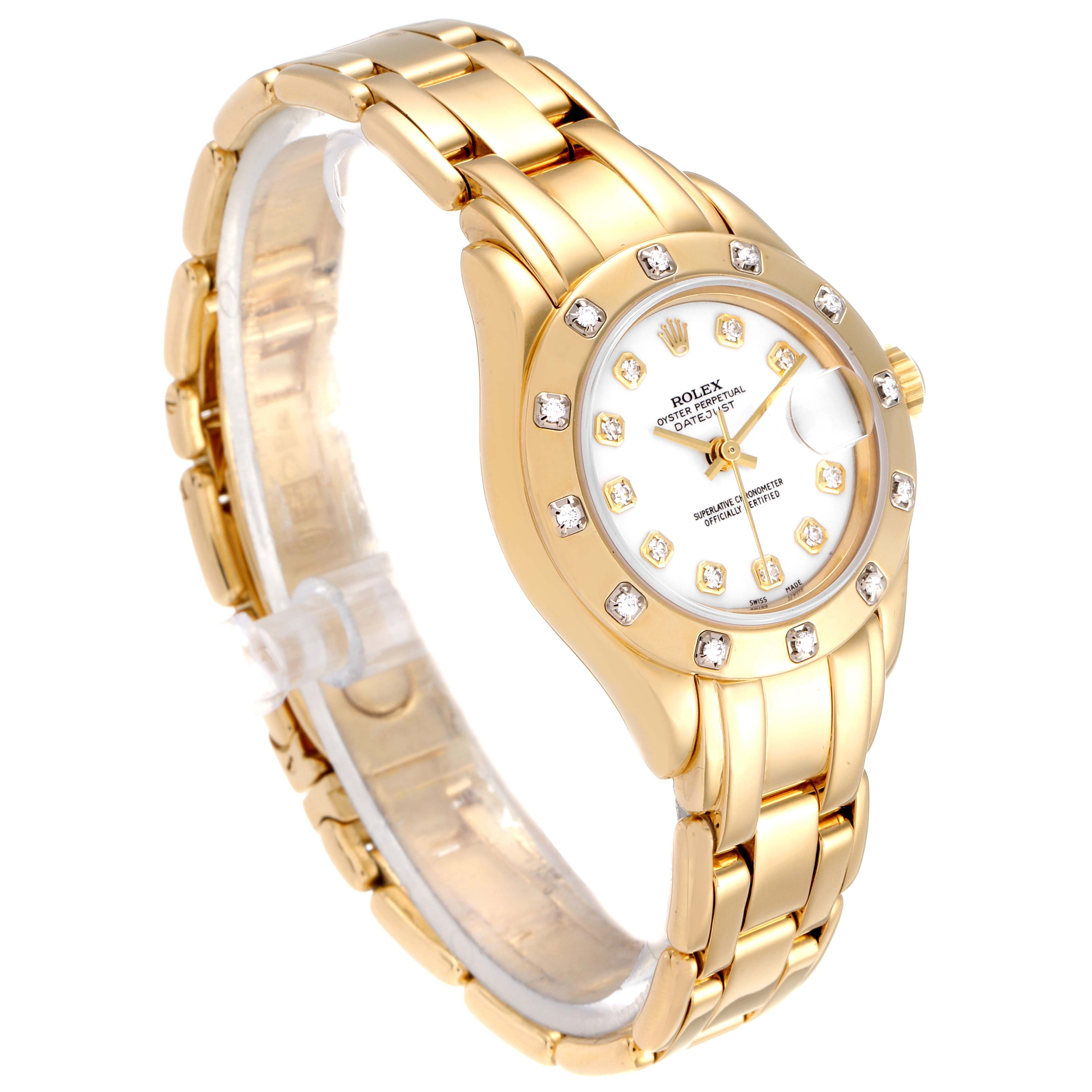 This image shows a Rolex Pearlmaster 69318 Women
s Yellow Gold White Dial 69318 Women
s Yellow Gold White Dial watch at a three-quarter angle displaying the face, bezel, and bracelet.