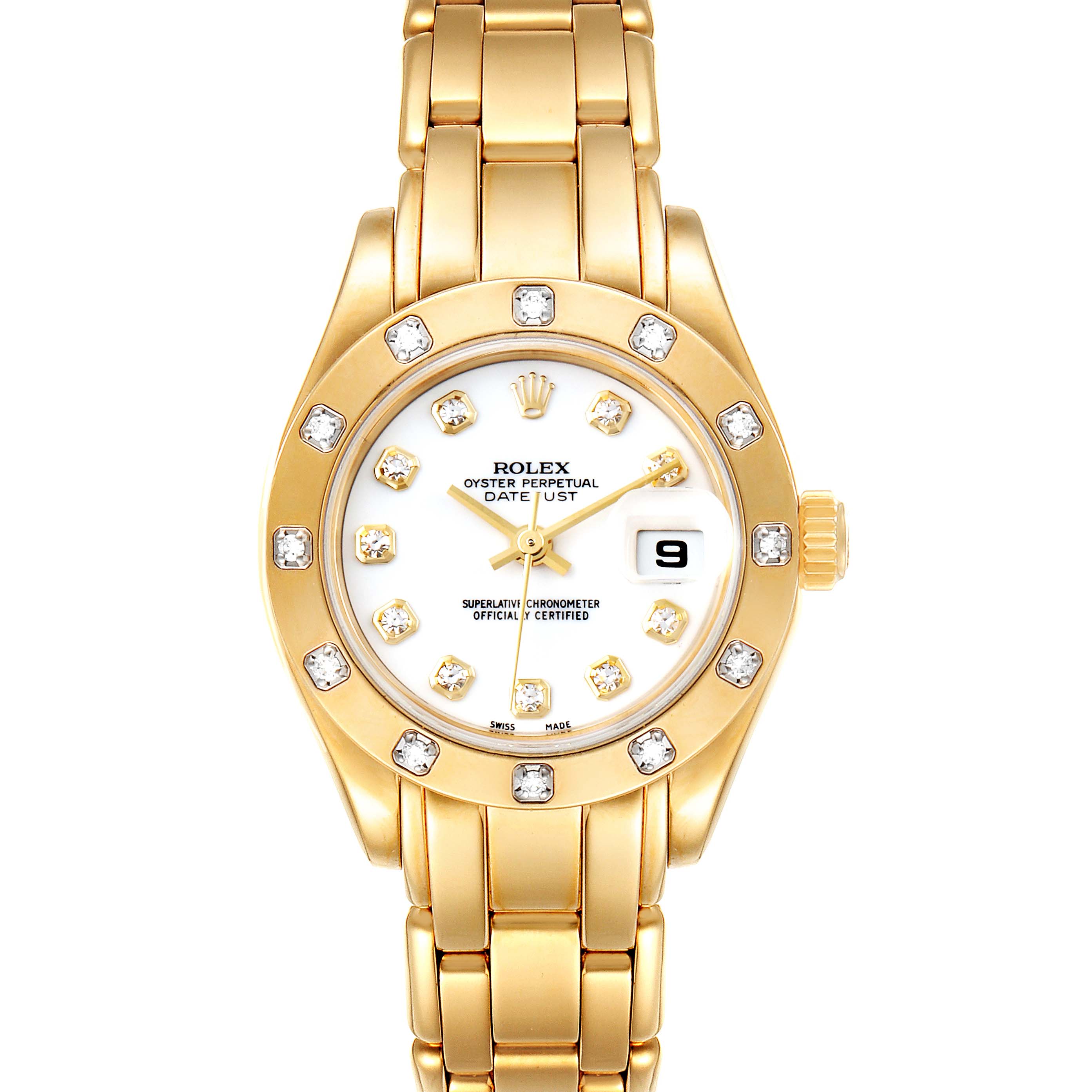 This image shows the face, bezel, and bracelet of a Rolex Pearlmaster 69318 Women
s Yellow Gold White Dial 69318 Women
s Yellow Gold White Dial watch from a front angle.
