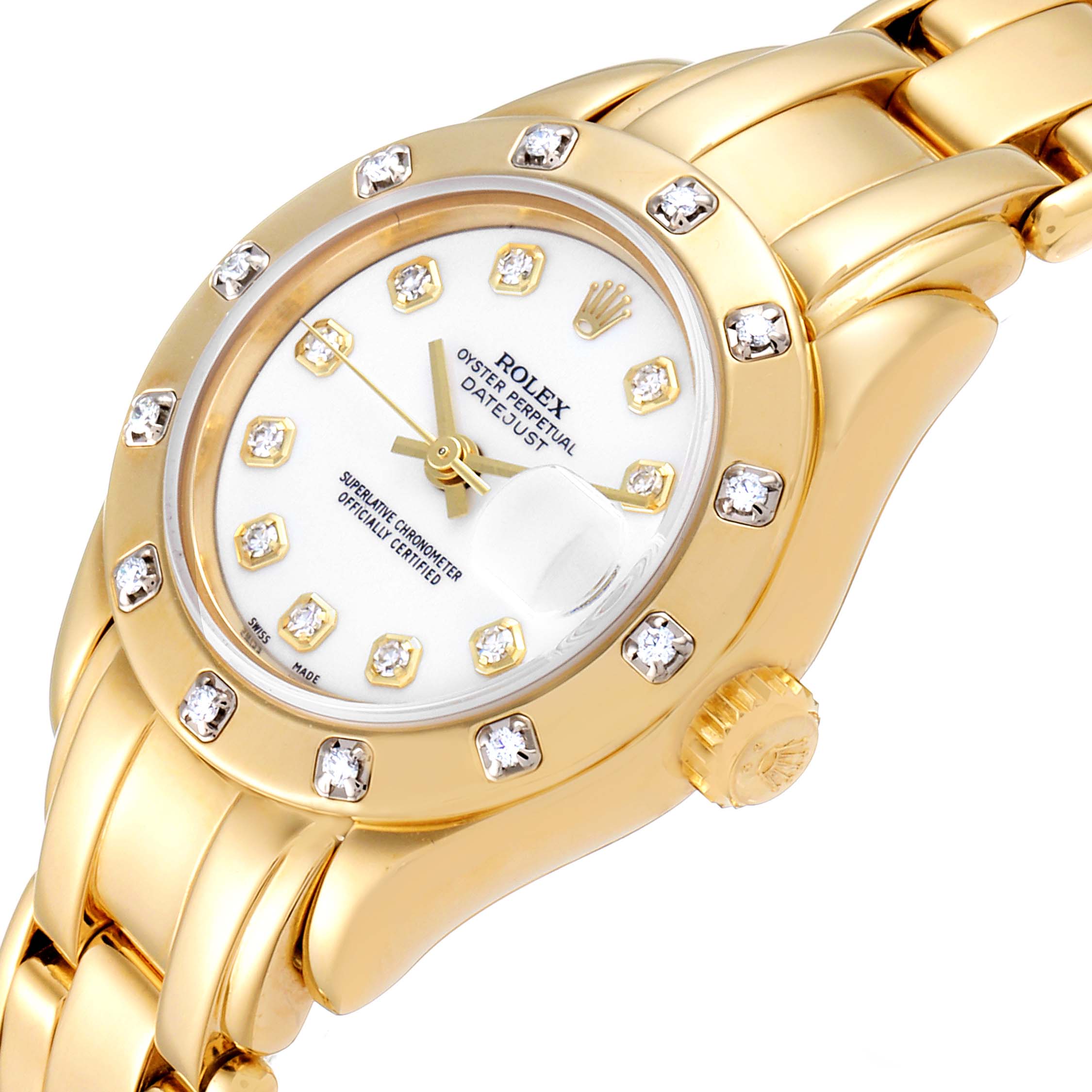The image shows the dial, bezel, and part of the bracelet of the Rolex Pearlmaster 69318 Women
s Yellow Gold White Dial 69318 Women
s Yellow Gold White Dial watch at an angled view.