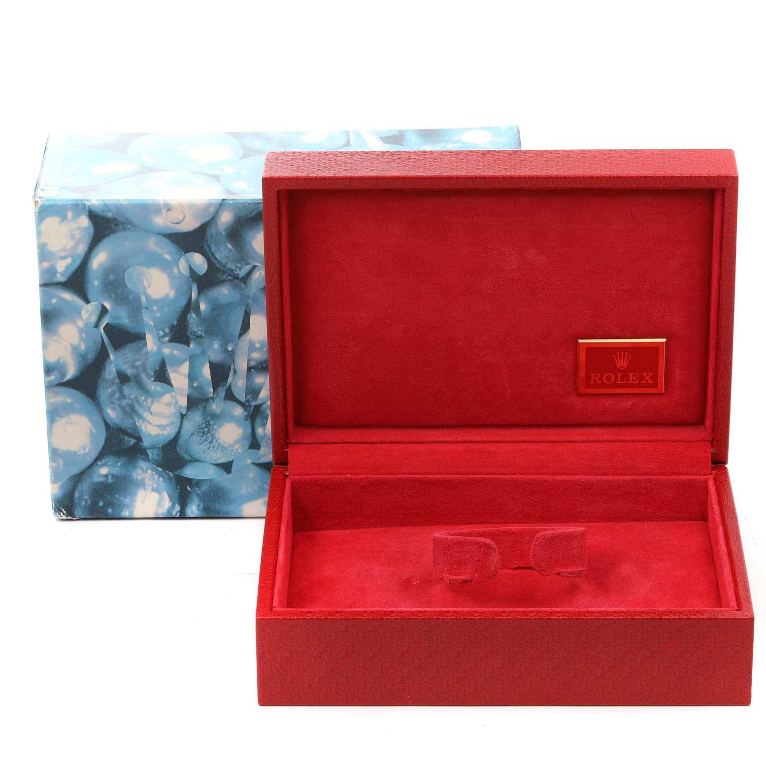 This image shows an empty red Rolex Pearlmaster 69318 Women
s Yellow Gold White Dial 69318 Women
s Yellow Gold White Dial watch box with a blue, pearl-patterned outer box.