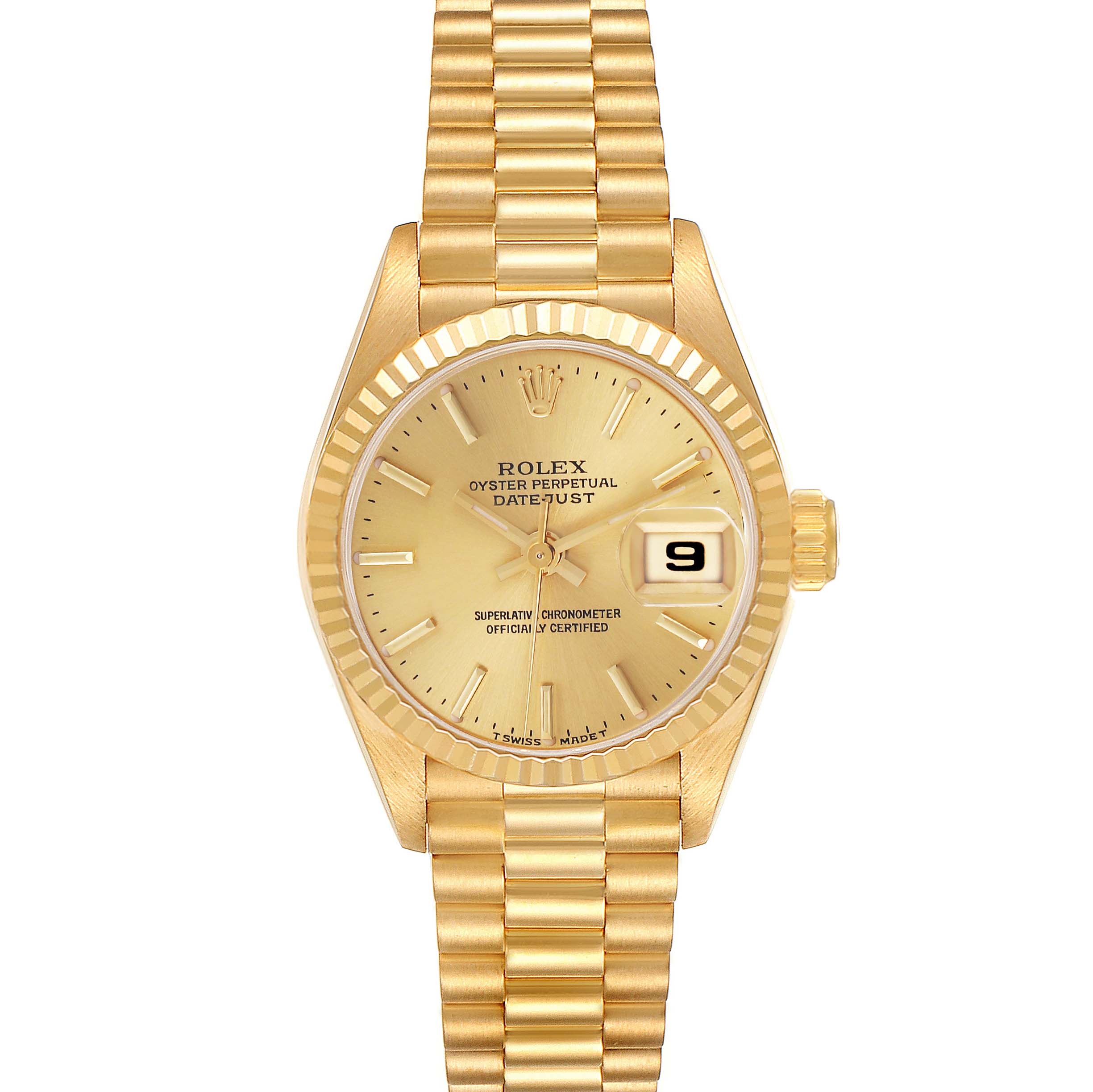 The Rolex President 69178 Women's Yellow Gold Champagne Dial 69178 Women's Yellow Gold Champagne Dial model watch is shown from the top, displaying the watch face, hands, bezel, crown, and bracelet.