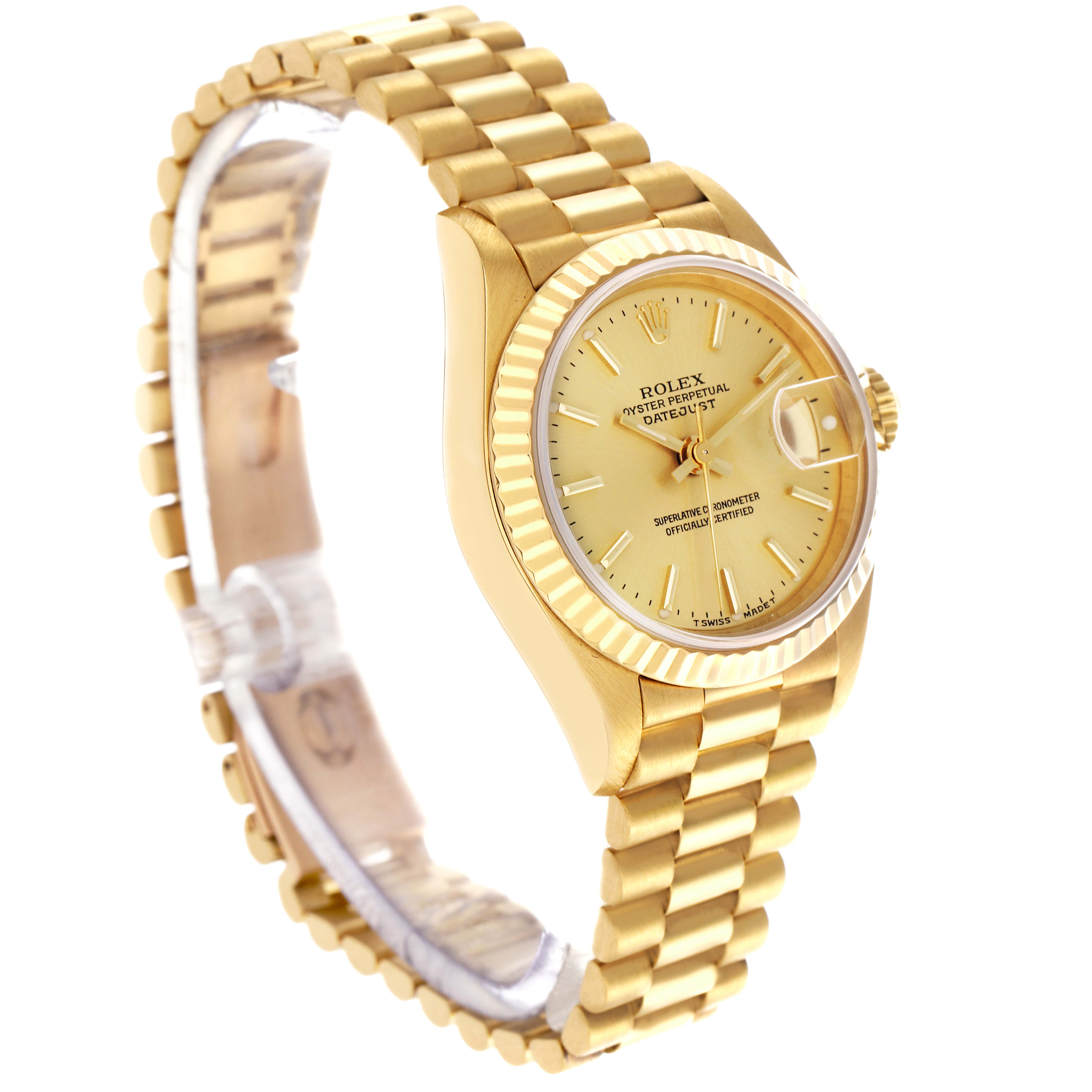 This Rolex President 69178 Women's Yellow Gold Champagne Dial 69178 Women's Yellow Gold Champagne Dial model watch is shown at a side angle, highlighting the bracelet, bezel, and face, including the date window.