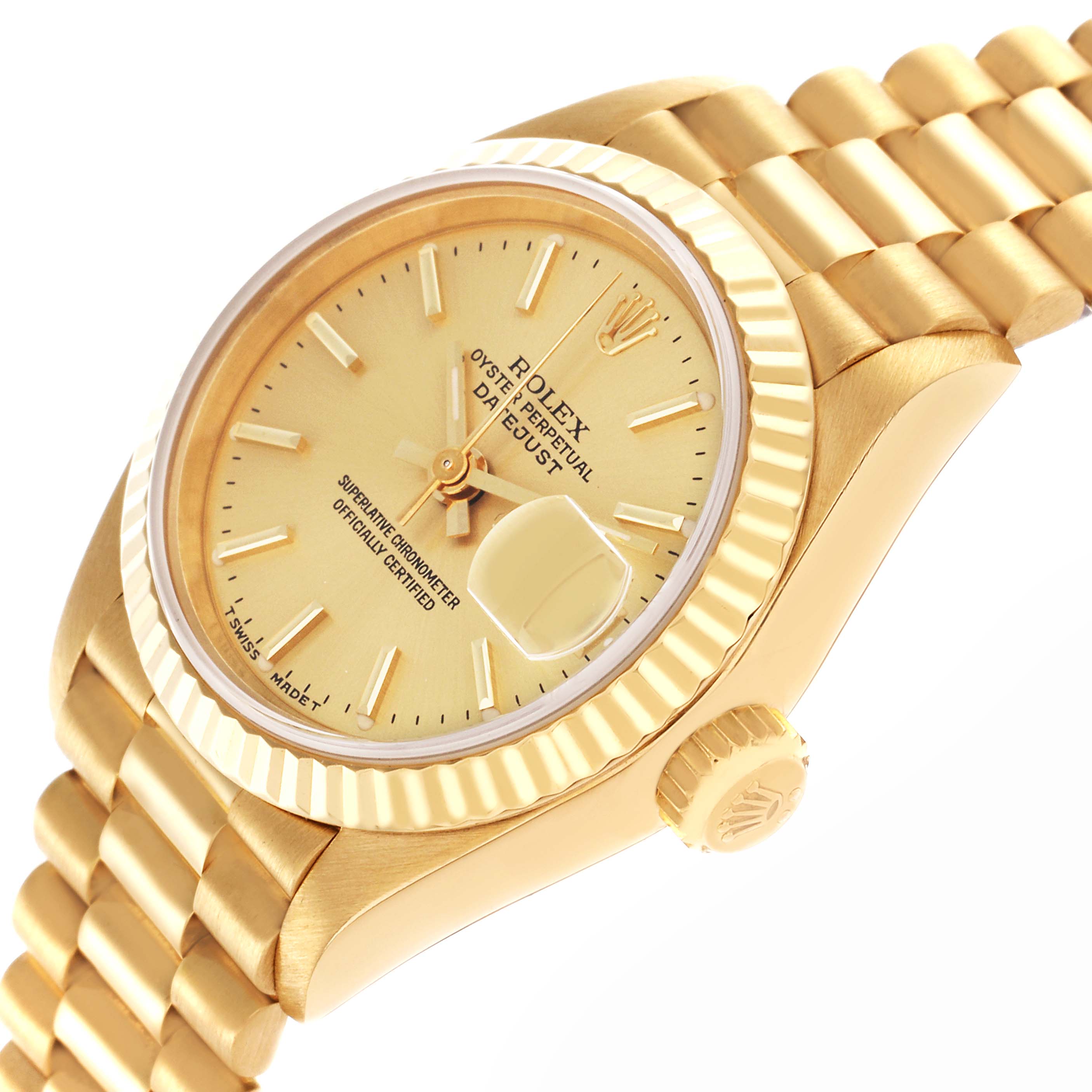 The Rolex President 69178 Women's Yellow Gold Champagne Dial 69178 Women's Yellow Gold Champagne Dial watch is shown at a tilted angle, highlighting the face, bezel, crown, and part of the bracelet.