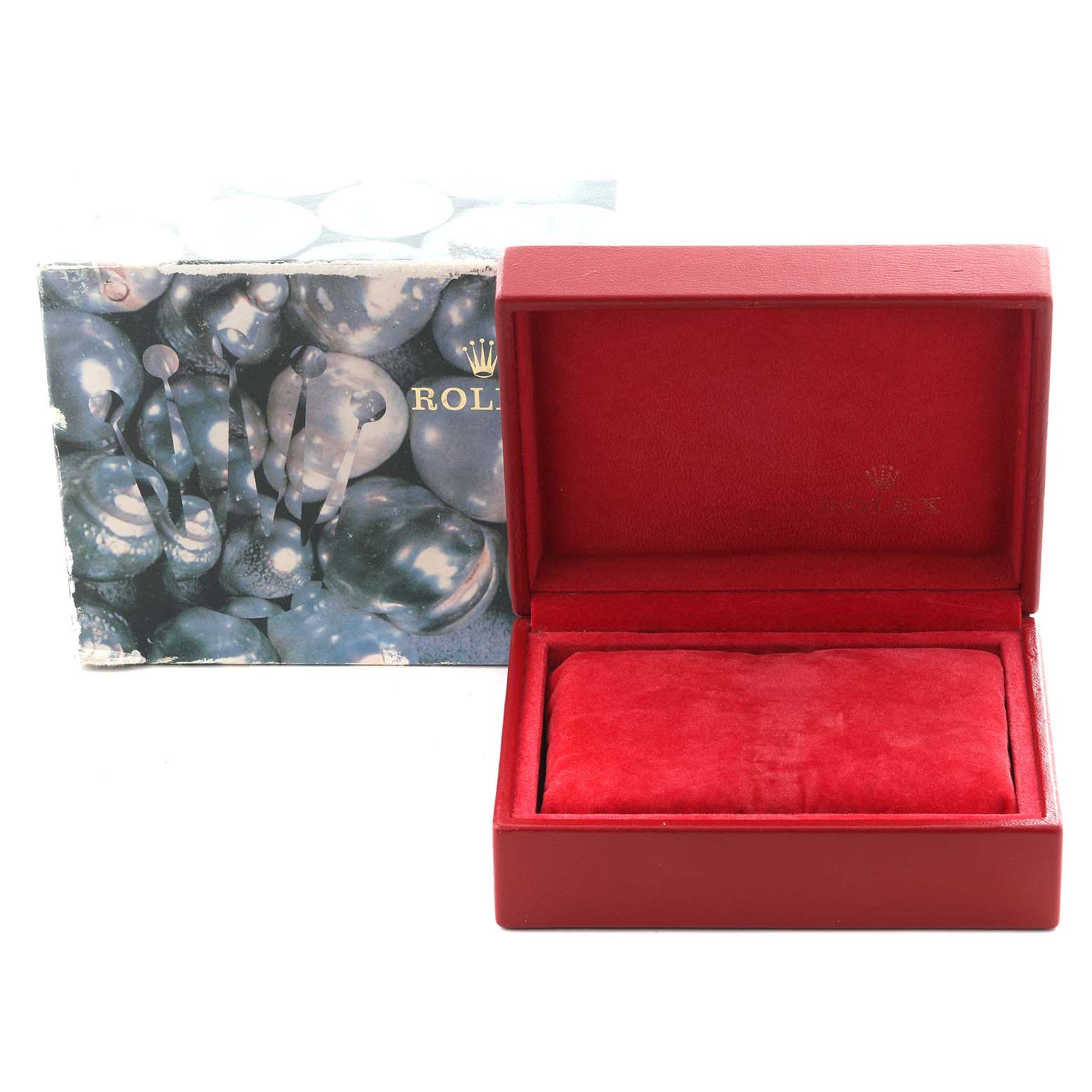 The image shows an empty red watch box for a Rolex President 69178 Women's Yellow Gold Champagne Dial 69178 Women's Yellow Gold Champagne Dial model, with a decorative outer box partially visible.