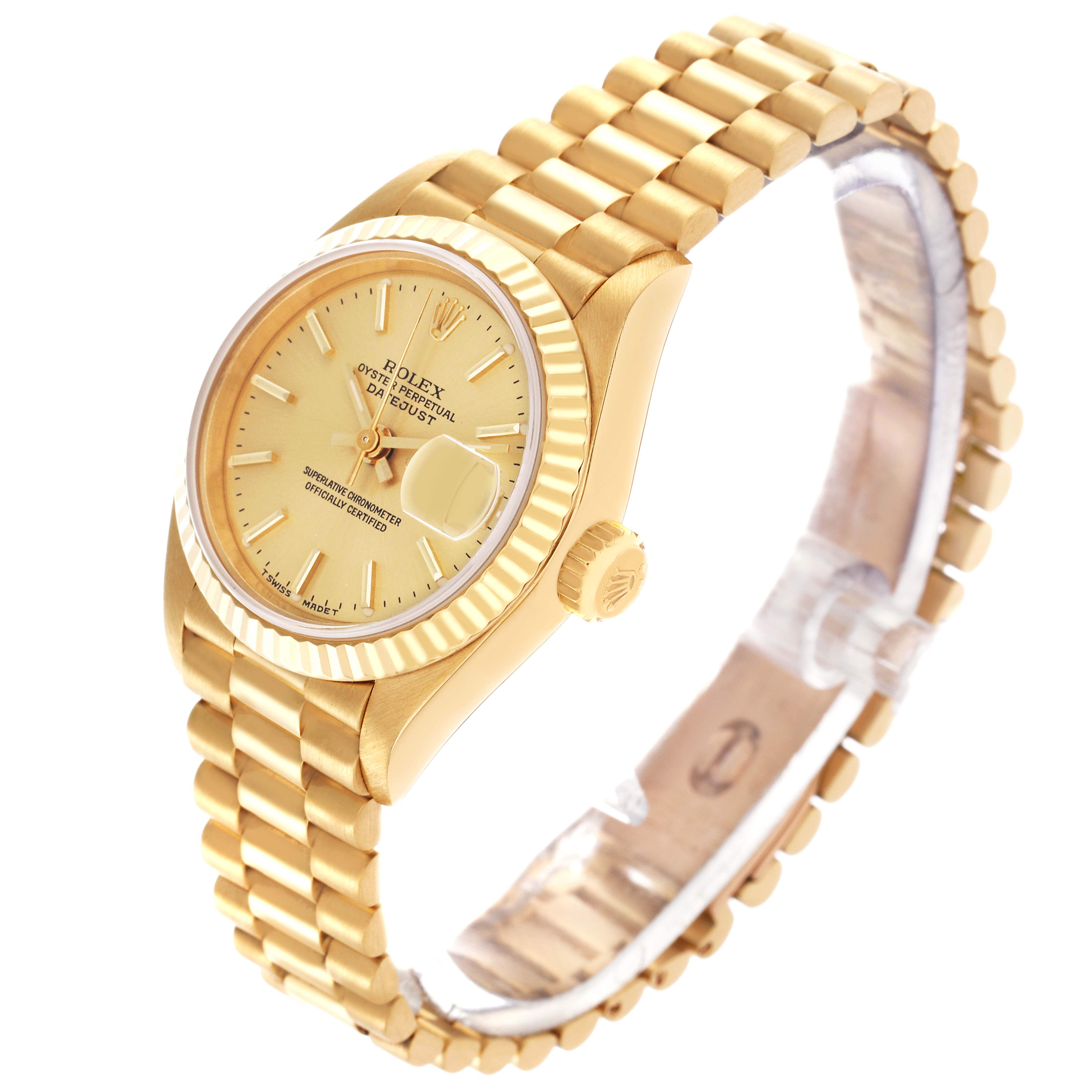 The image shows a Rolex President 69178 Women's Yellow Gold Champagne Dial 69178 Women's Yellow Gold Champagne Dial watch angled to display its face, bezel, crown, and gold bracelet.