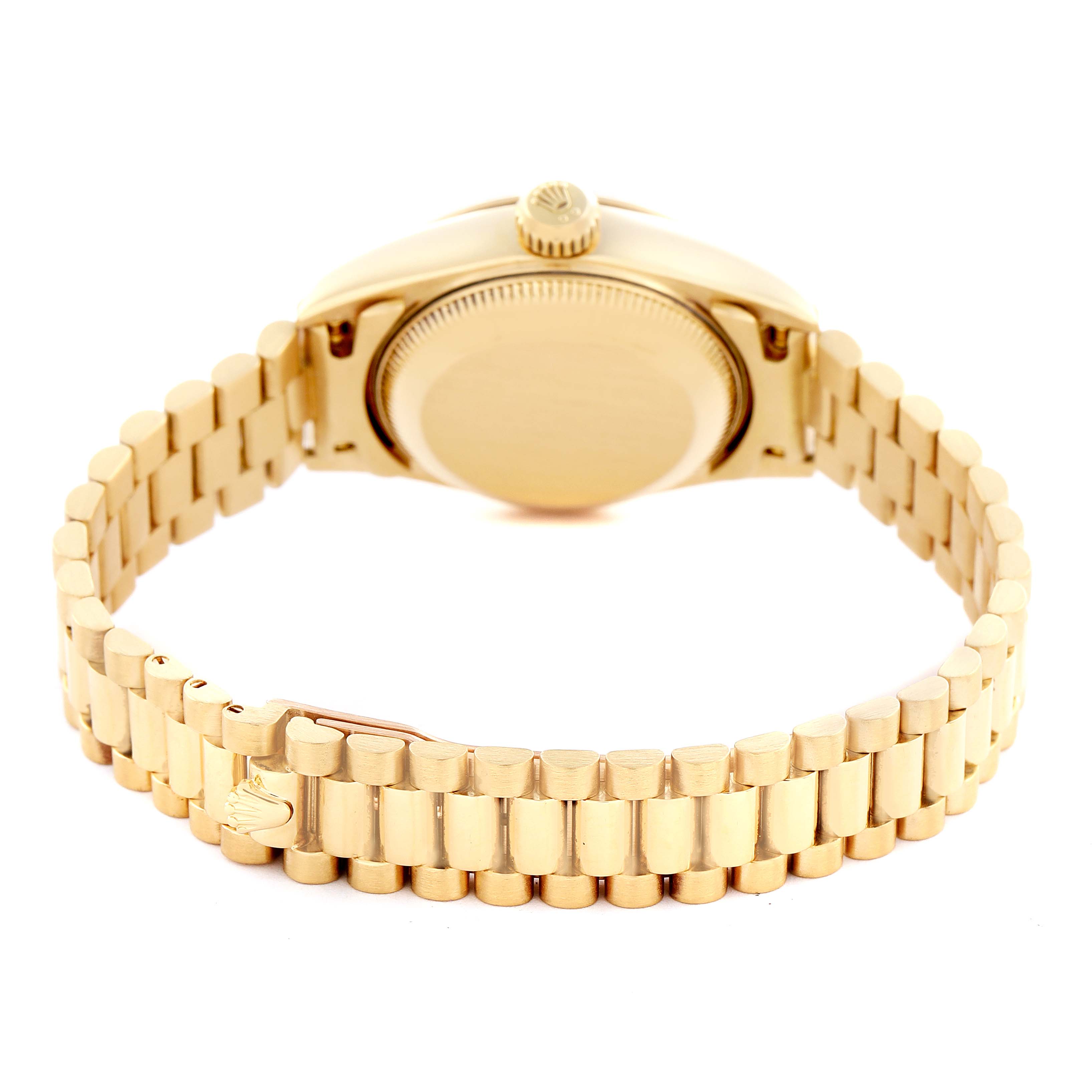 The image shows the Rolex President 69178 Women's Yellow Gold Champagne Dial 69178 Women's Yellow Gold Champagne Dial watch from the back, displaying the bracelet and case back.