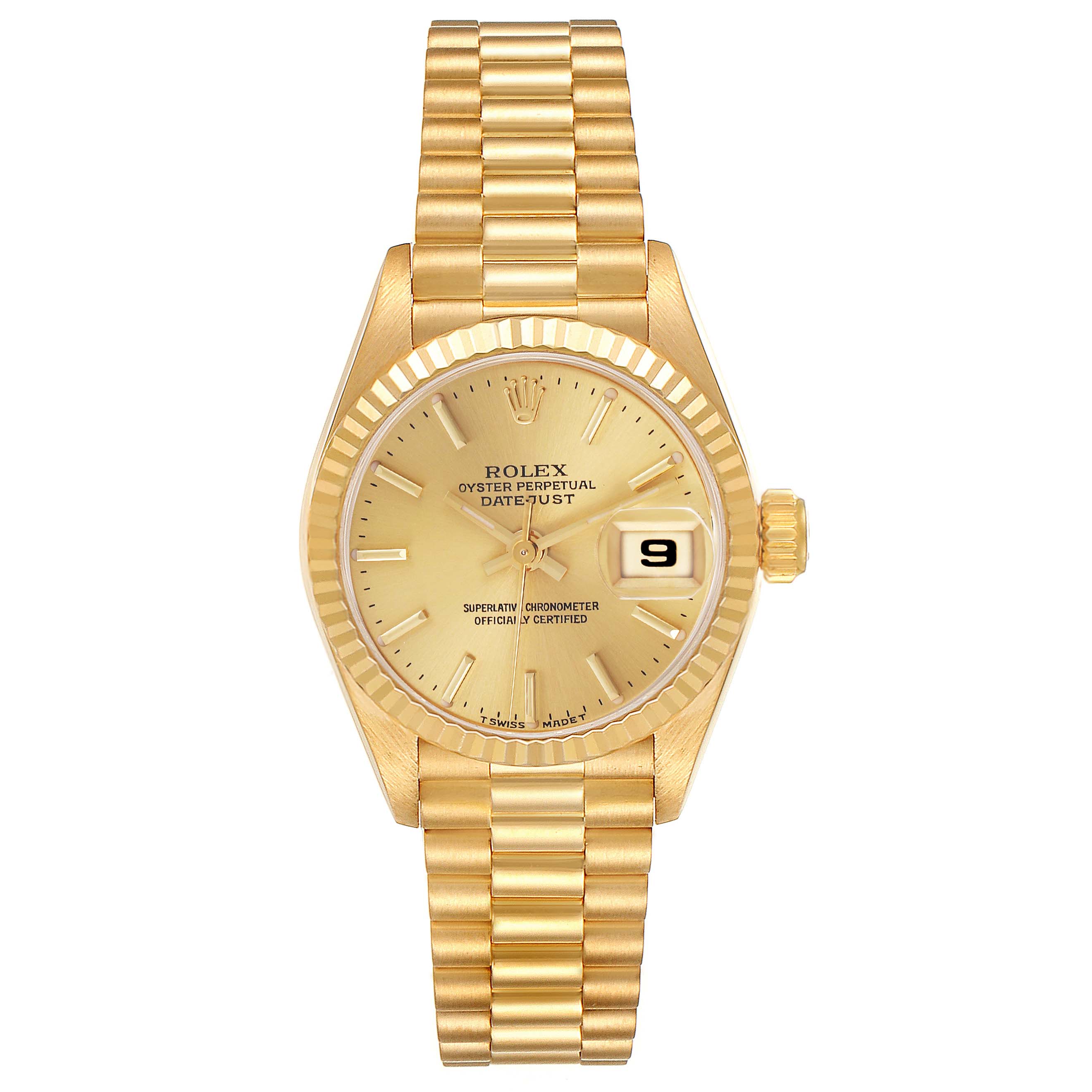 The Rolex President 69178 Women's Yellow Gold Champagne Dial 69178 Women's Yellow Gold Champagne Dial watch is shown from a top-down angle, displaying the dial, bracelet, and date window clearly.