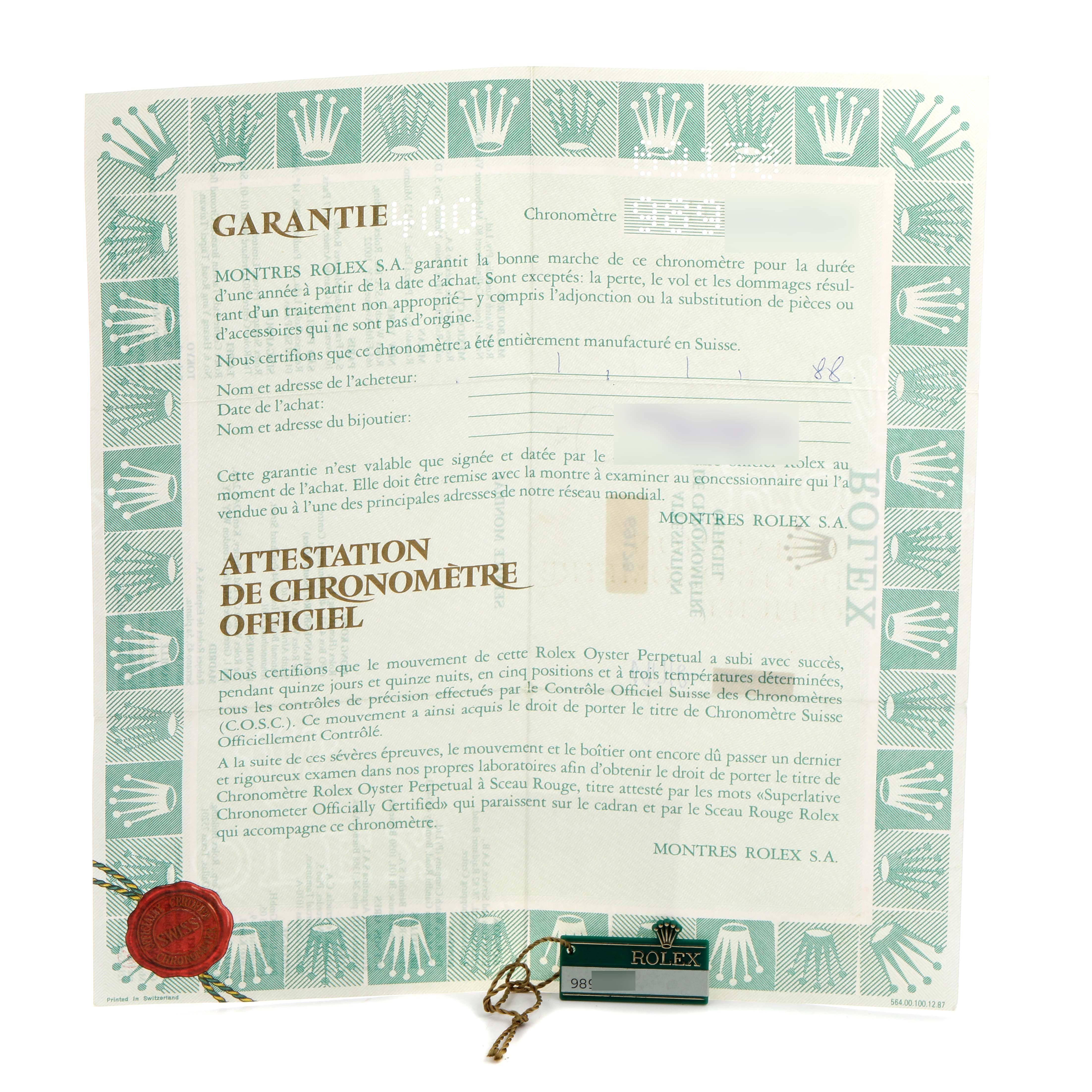 The image shows the warranty and official chronometer certification for a Rolex President 69178 Women's Yellow Gold Champagne Dial 69178 Women's Yellow Gold Champagne Dial model, including a tag and seal.