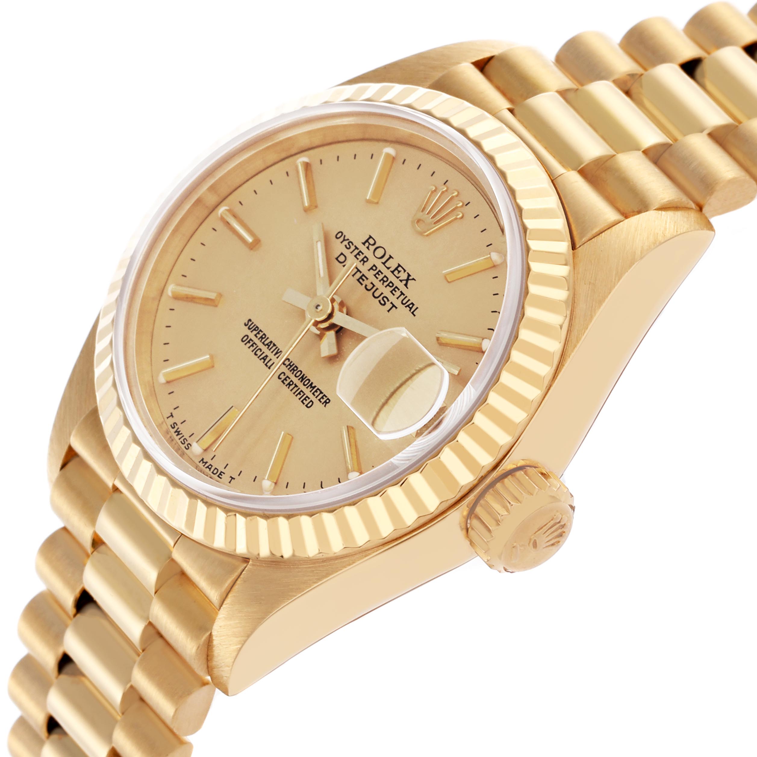 The Rolex President 69178 Women's Yellow Gold Champagne Dial 69178 Women's Yellow Gold Champagne Dial model is shown at an angled side view, featuring the face, bezel, crown, and bracelet.