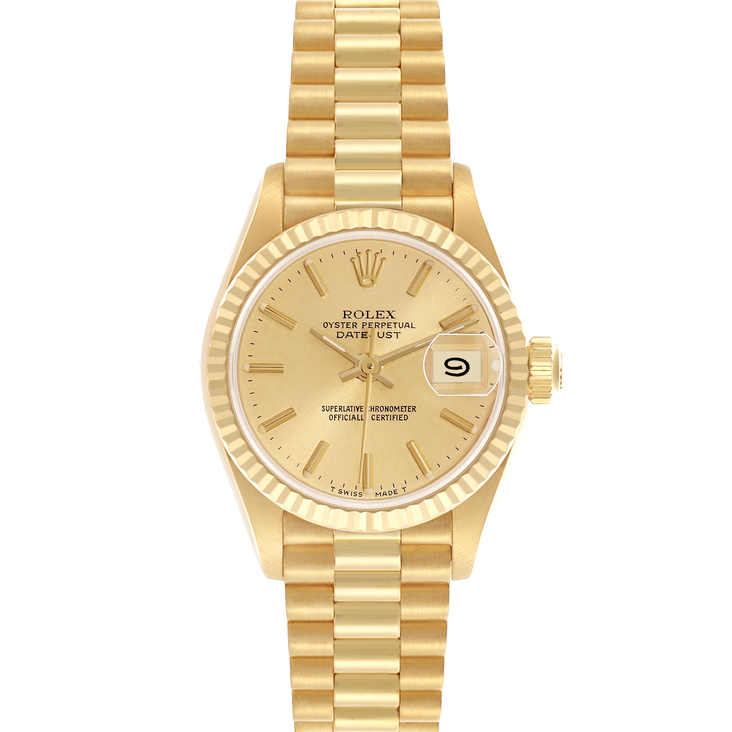The Rolex President 69178 Women's Yellow Gold Champagne Dial 69178 Women's Yellow Gold Champagne Dial watch is shown from the front, displaying the gold face, bezel, date window, and linked bracelet.