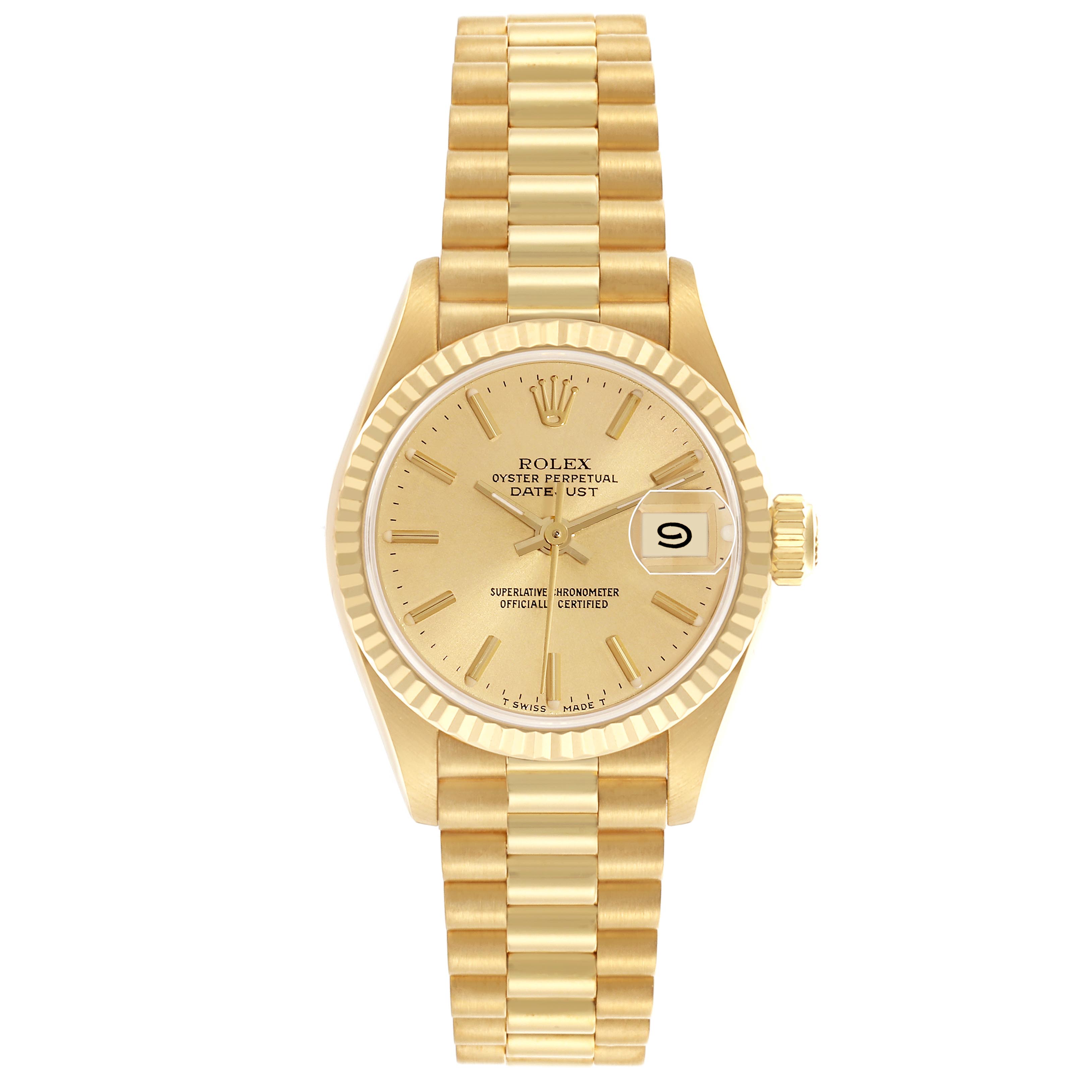 The Rolex President 69178 Women's Yellow Gold Champagne Dial 69178 Women's Yellow Gold Champagne Dial model watch is shown from a top-down angle, highlighting the face, bezel, and full bracelet.
