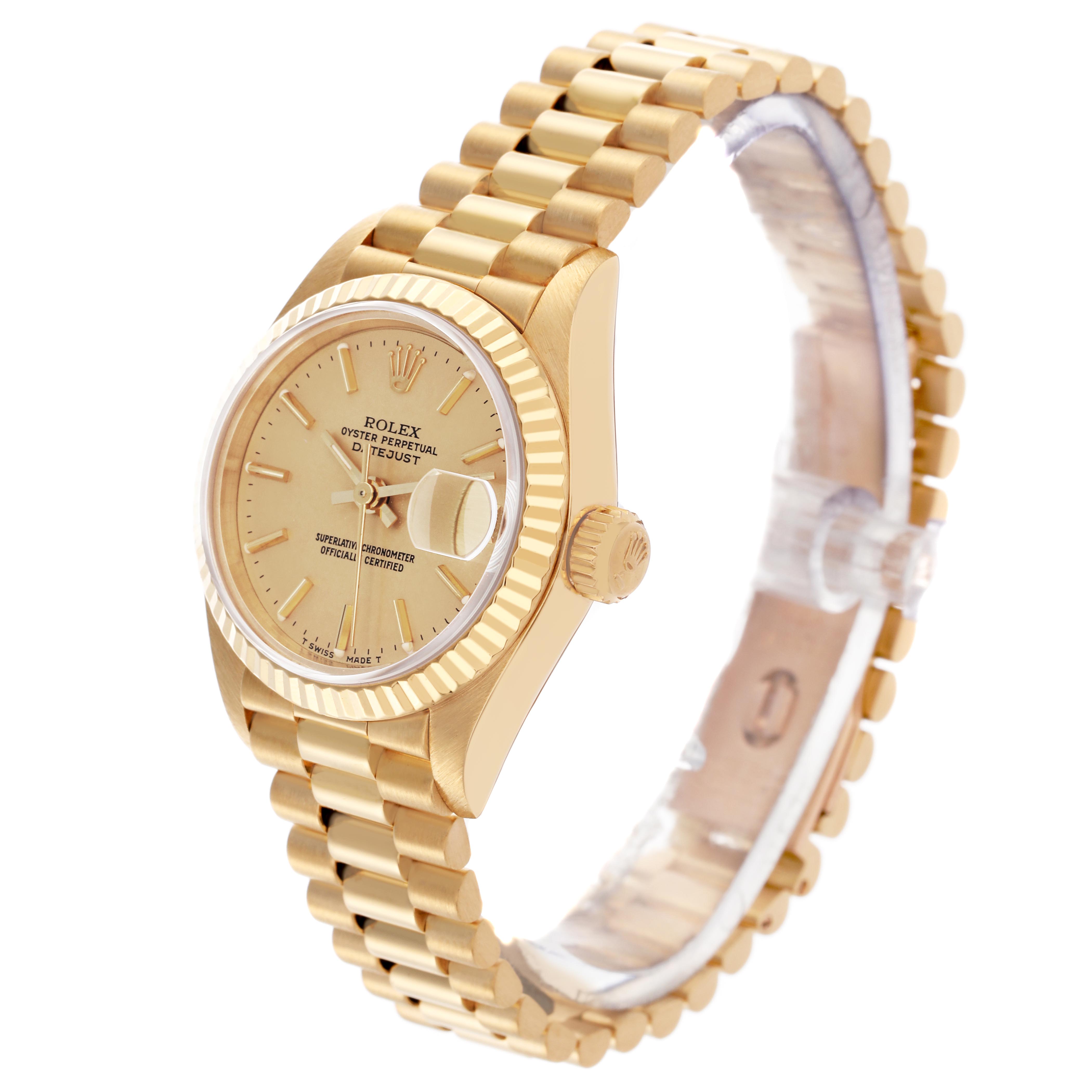 The Rolex President 69178 Women's Yellow Gold Champagne Dial 69178 Women's Yellow Gold Champagne Dial model is shown from a side angle, highlighting the gold bracelet, fluted bezel, crown, and face details.