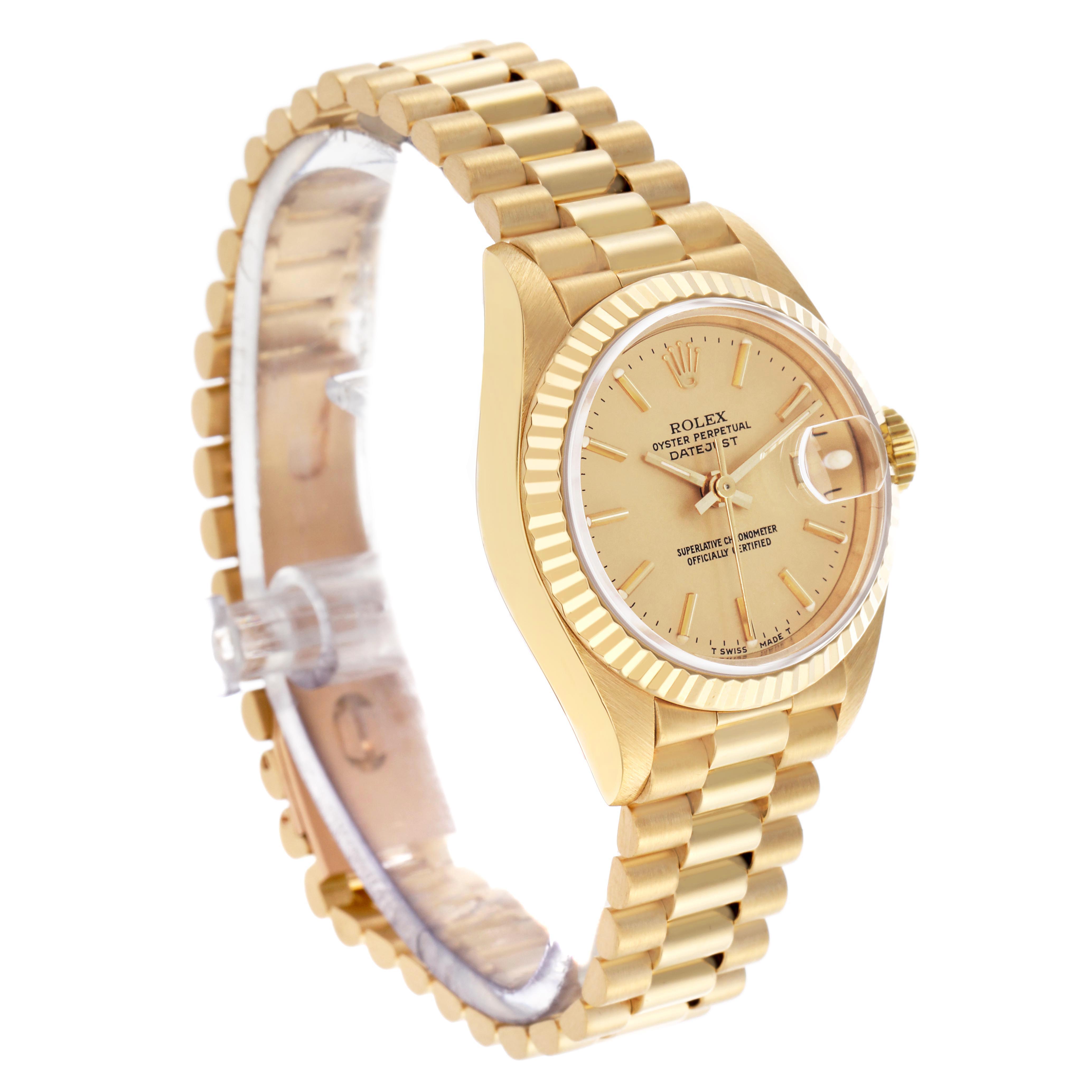 The Rolex President 69178 Women's Yellow Gold Champagne Dial 69178 Women's Yellow Gold Champagne Dial model is shown at an angled side view, displaying the bezel, dial, case, and bracelet.