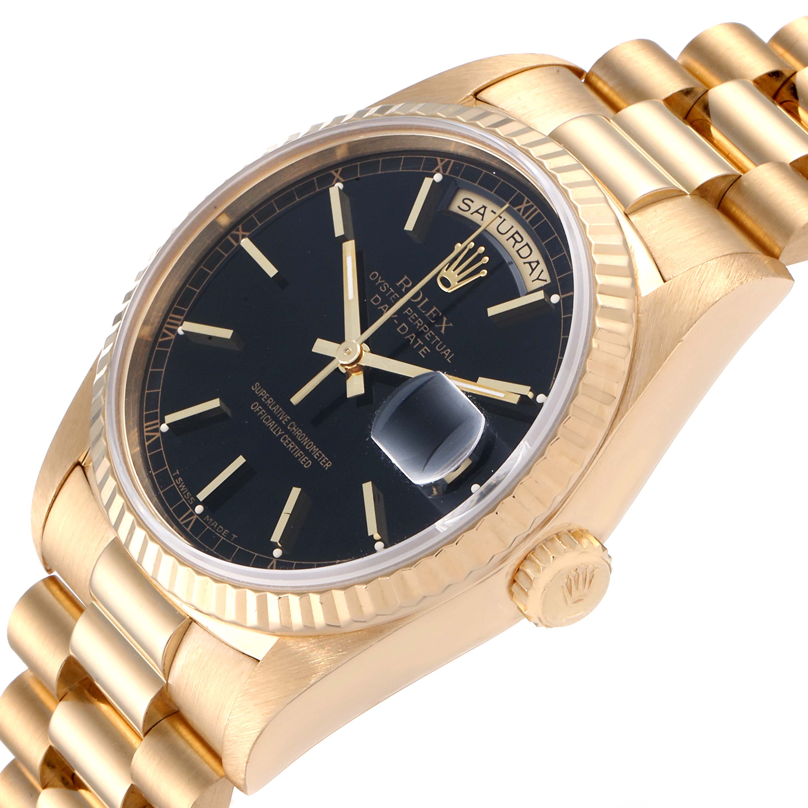 The image shows a side-angle view of a Rolex President 18238 Men
s Yellow Gold Black Dial 18238 Men
s Yellow Gold Black Dial model watch, highlighting its black dial, gold case, day/date displays, and gold bracelet.