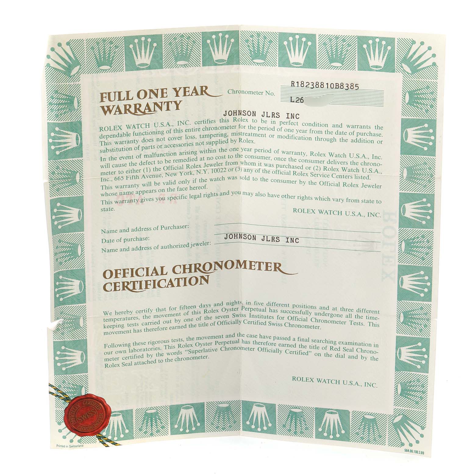 The image shows a Rolex President 18238 Men
s Yellow Gold Black Dial 18238 Men
s Yellow Gold Black Dial model
s warranty and official chronometer certification document.