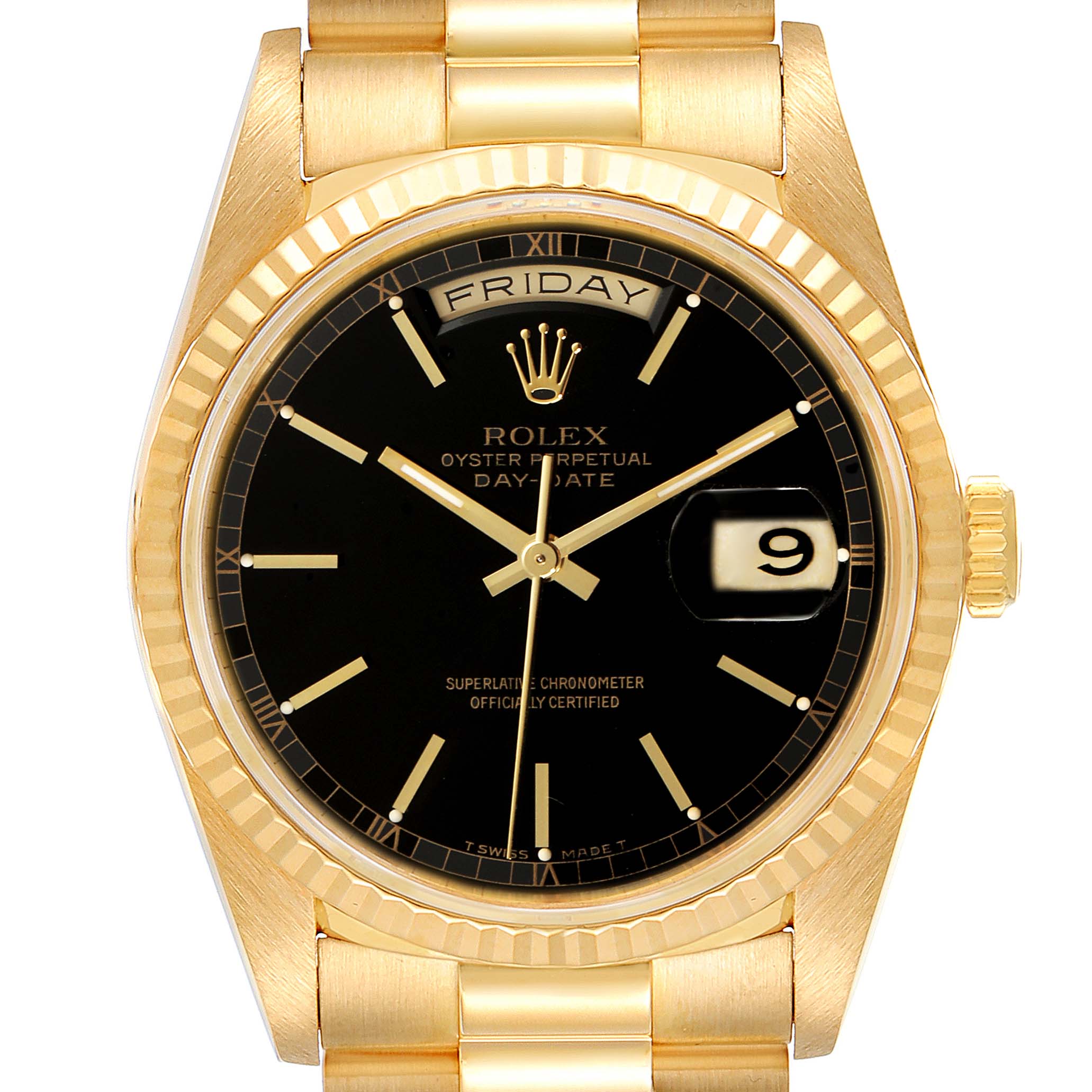 The Rolex President 18238 Men
s Yellow Gold Black Dial 18238 Men
s Yellow Gold Black Dial model watch is shown in a front view, displaying its black dial, gold case, day-date window, and links of the band.