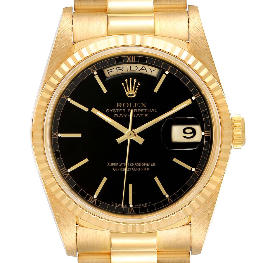 Rolex President Day-Date 36 Yellow Gold Black Dial Watch 18238 Box Papers SwissWatchExpo