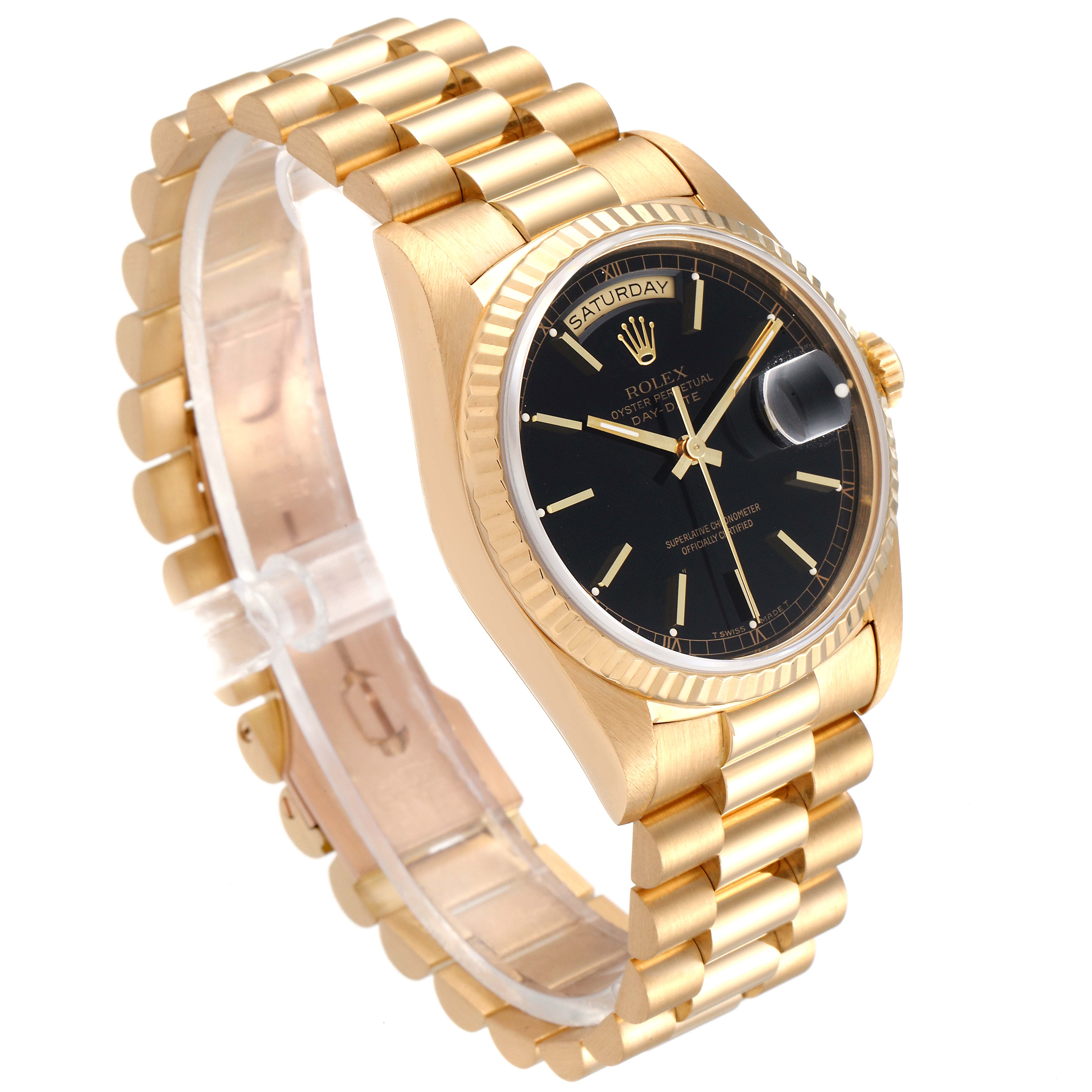 The image shows a Rolex President 18238 Men
s Yellow Gold Black Dial 18238 Men
s Yellow Gold Black Dial model watch from a three-quarter angle, highlighting the bracelet, bezel, dial, and case.