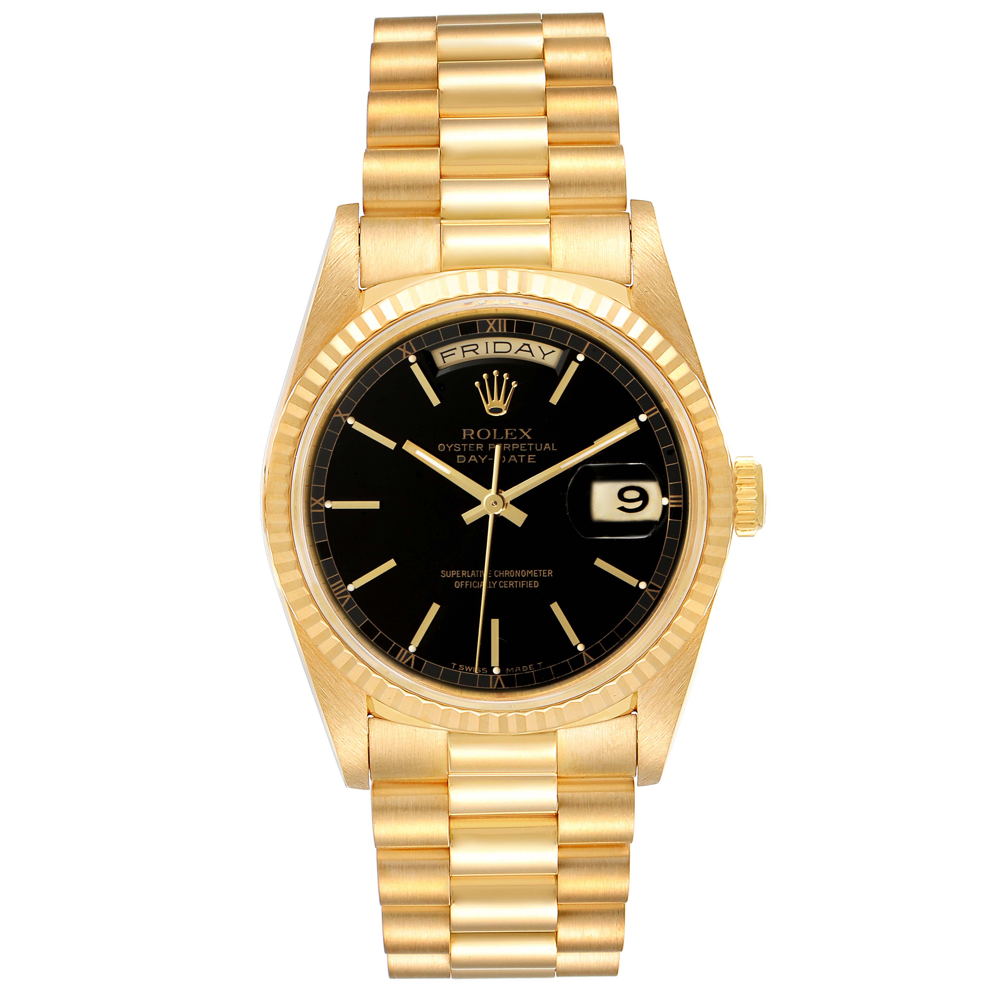 The image shows a front view of a Rolex President 18238 Men
s Yellow Gold Black Dial 18238 Men
s Yellow Gold Black Dial model watch, displaying its gold bracelet, black dial, and day-date features.