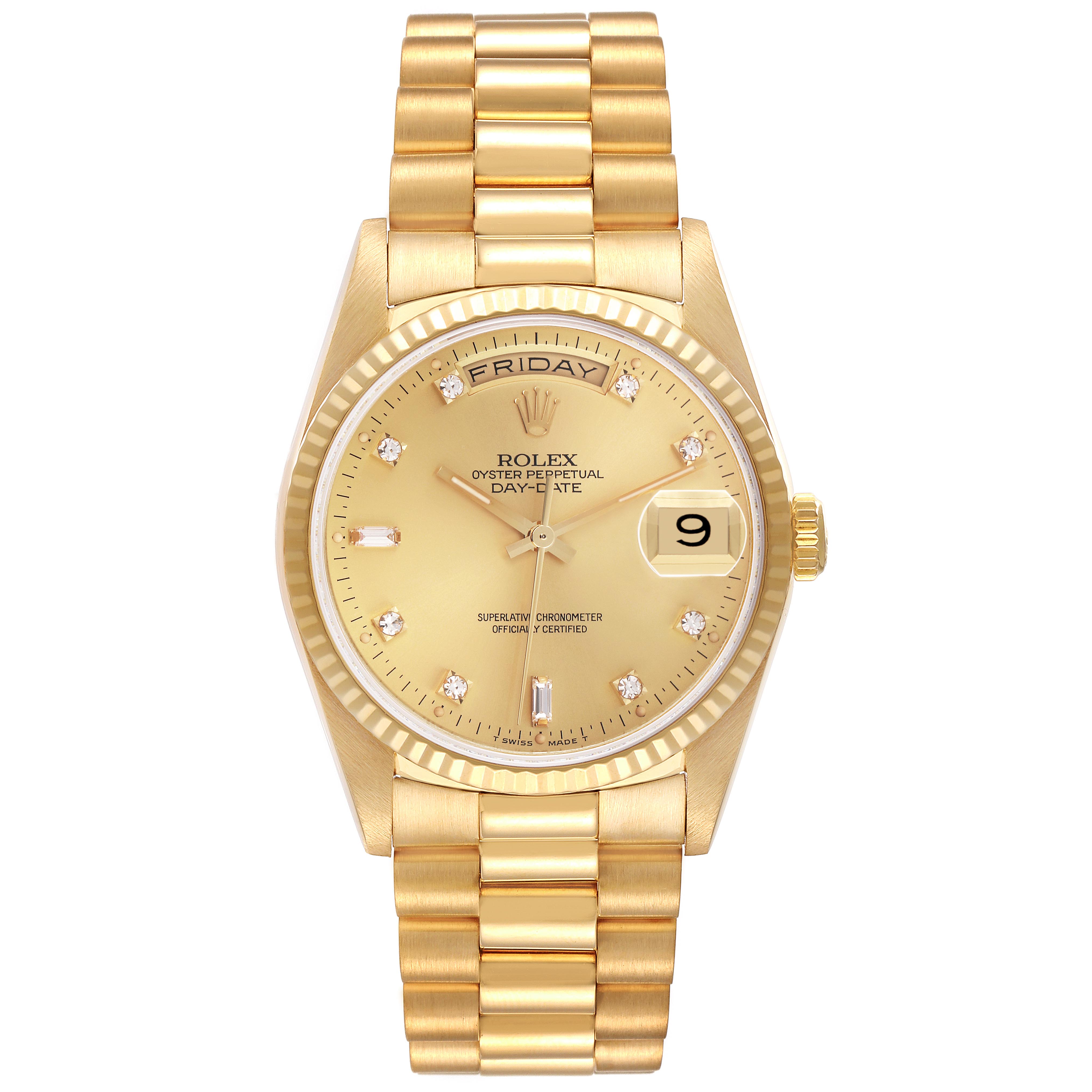 The Rolex President 18238 Men
s Yellow Gold Champagne Dial 18238 Men
s Yellow Gold Champagne Dial model watch is shown from a front angle, displaying its face, bezel, bracelet, and day-date features.