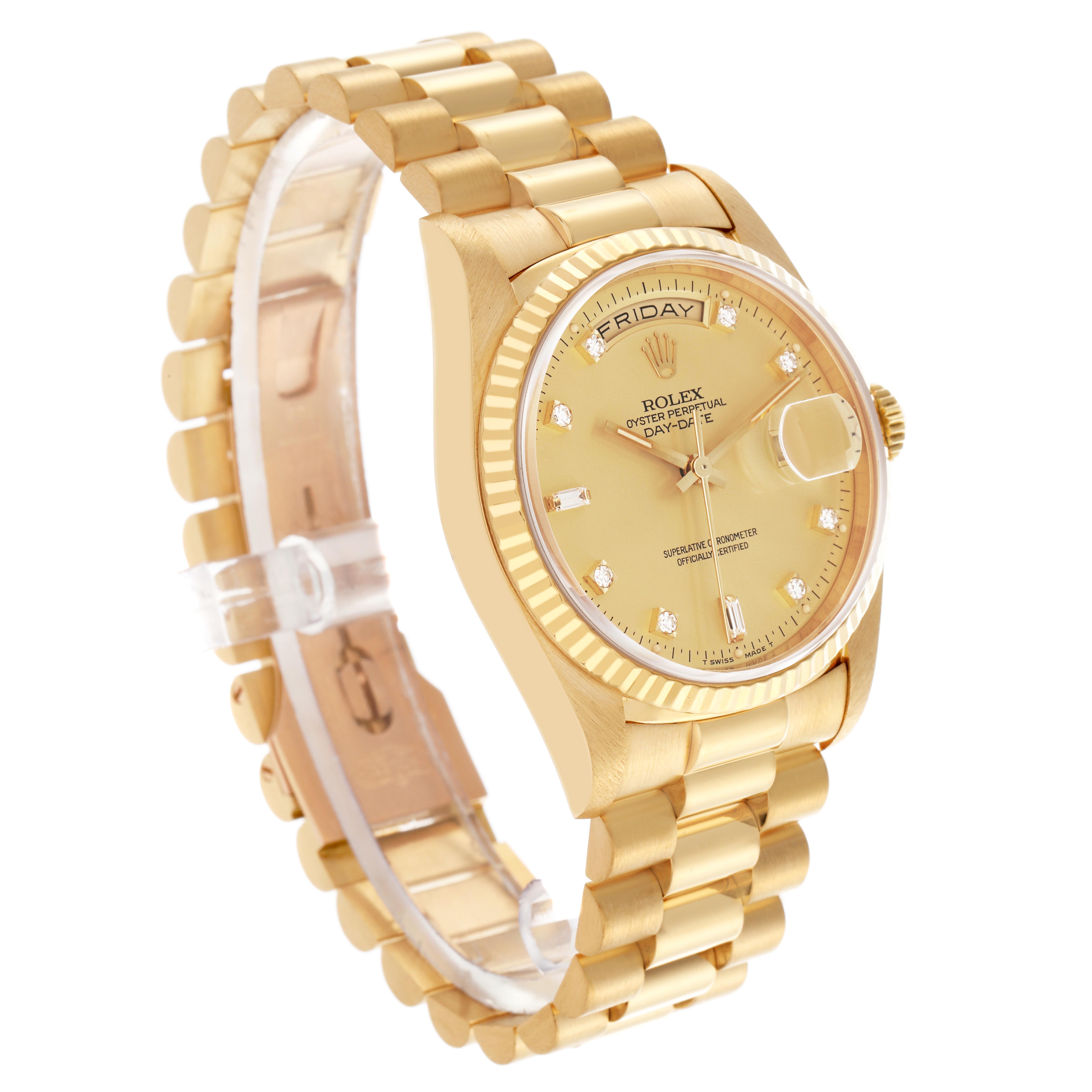 The Rolex President 18238 Men
s Yellow Gold Champagne Dial 18238 Men
s Yellow Gold Champagne Dial model watch is shown at a three-quarter angle, displaying the dial, bezel, and bracelet.