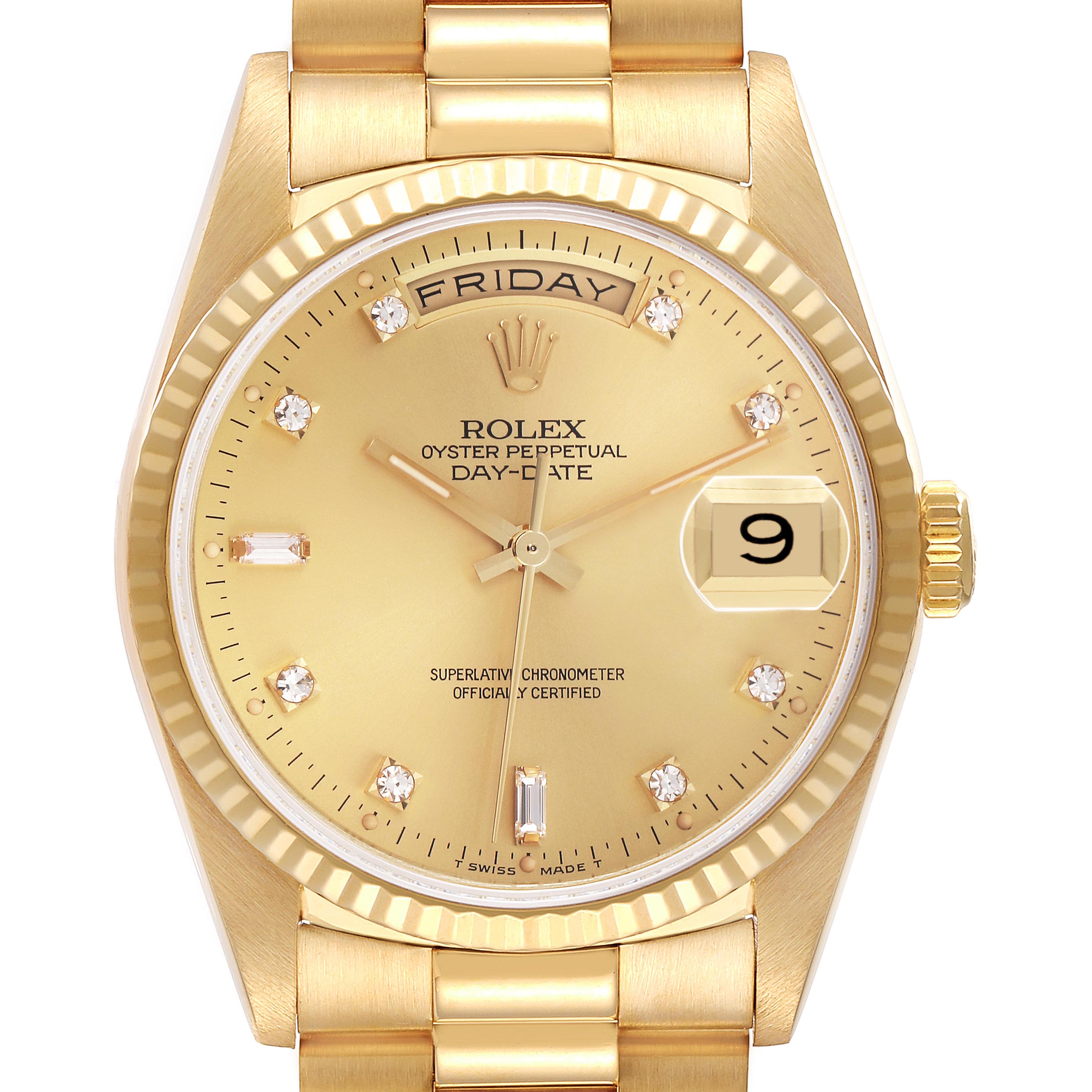 The image shows a frontal view of the Rolex President 18238 Men
s Yellow Gold Champagne Dial 18238 Men
s Yellow Gold Champagne Dial model, displaying the face, fluted bezel, crown, and part of the bracelet.