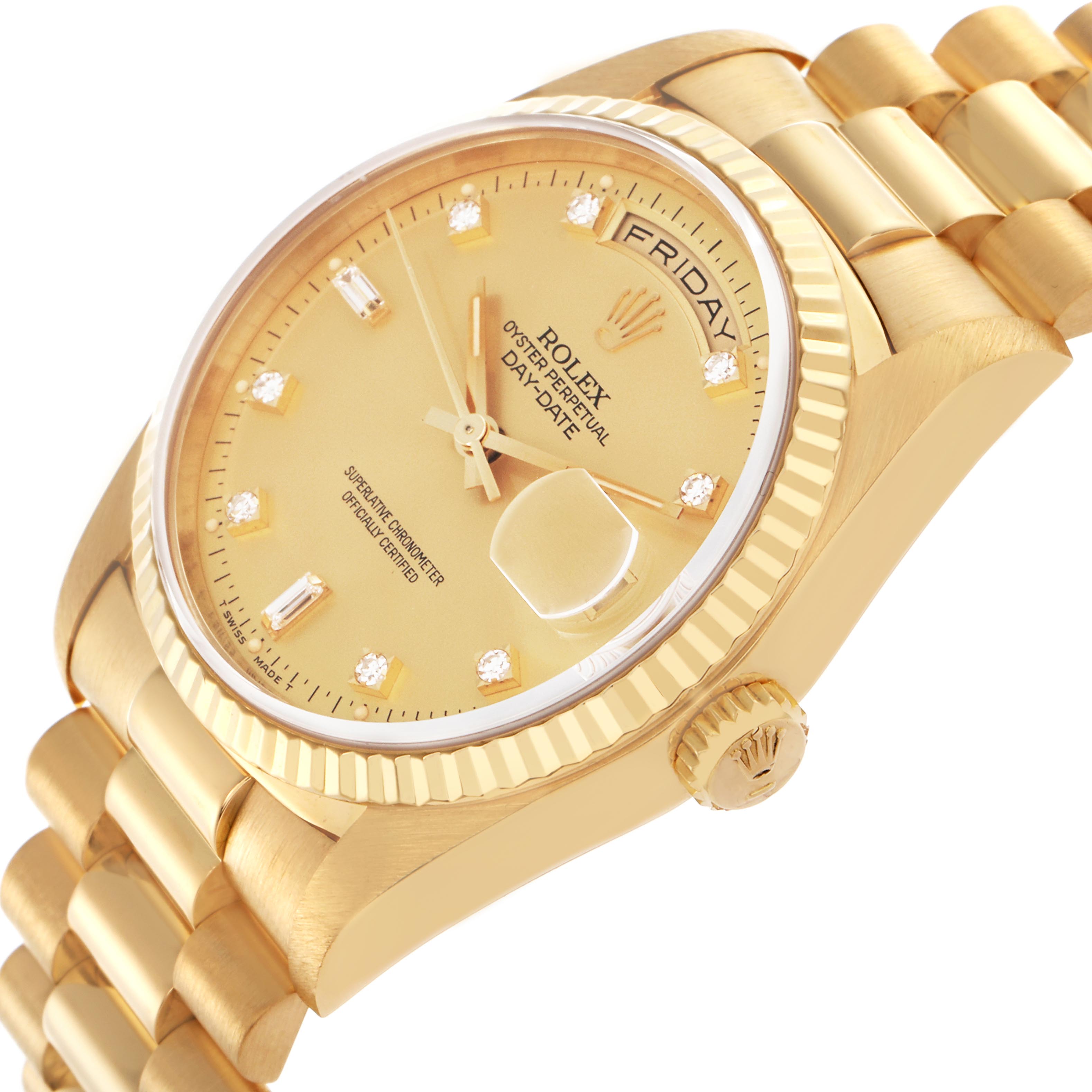 The image shows a Rolex President 18238 Men
s Yellow Gold Champagne Dial 18238 Men
s Yellow Gold Champagne Dial watch from a top-side angle, highlighting the bezel, dial, crown, and bracelet.