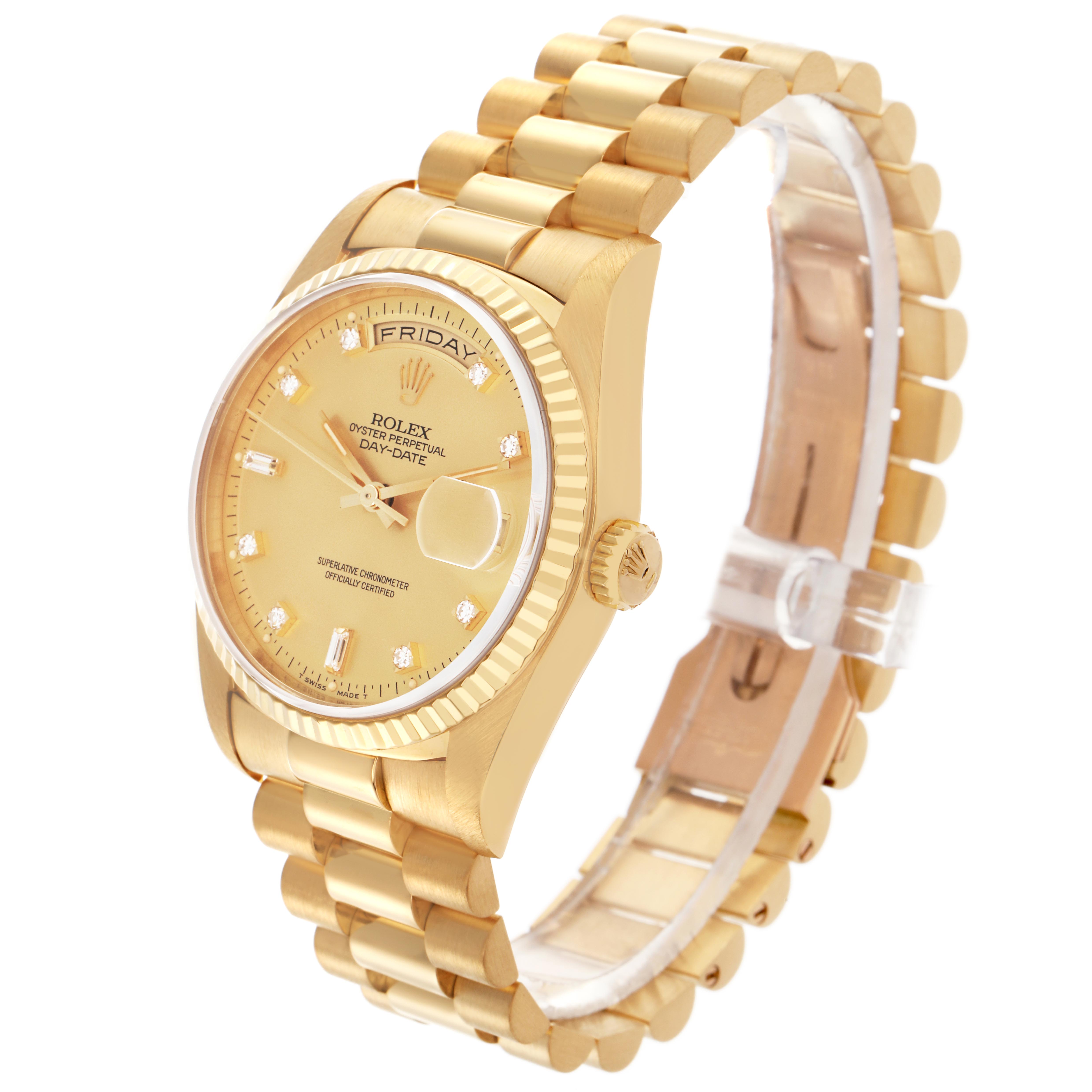 The Rolex President 18238 Men
s Yellow Gold Champagne Dial 18238 Men
s Yellow Gold Champagne Dial model is shown at a three-quarter angle, displaying the gold case, fluted bezel, bracelet, and face with diamond markers.