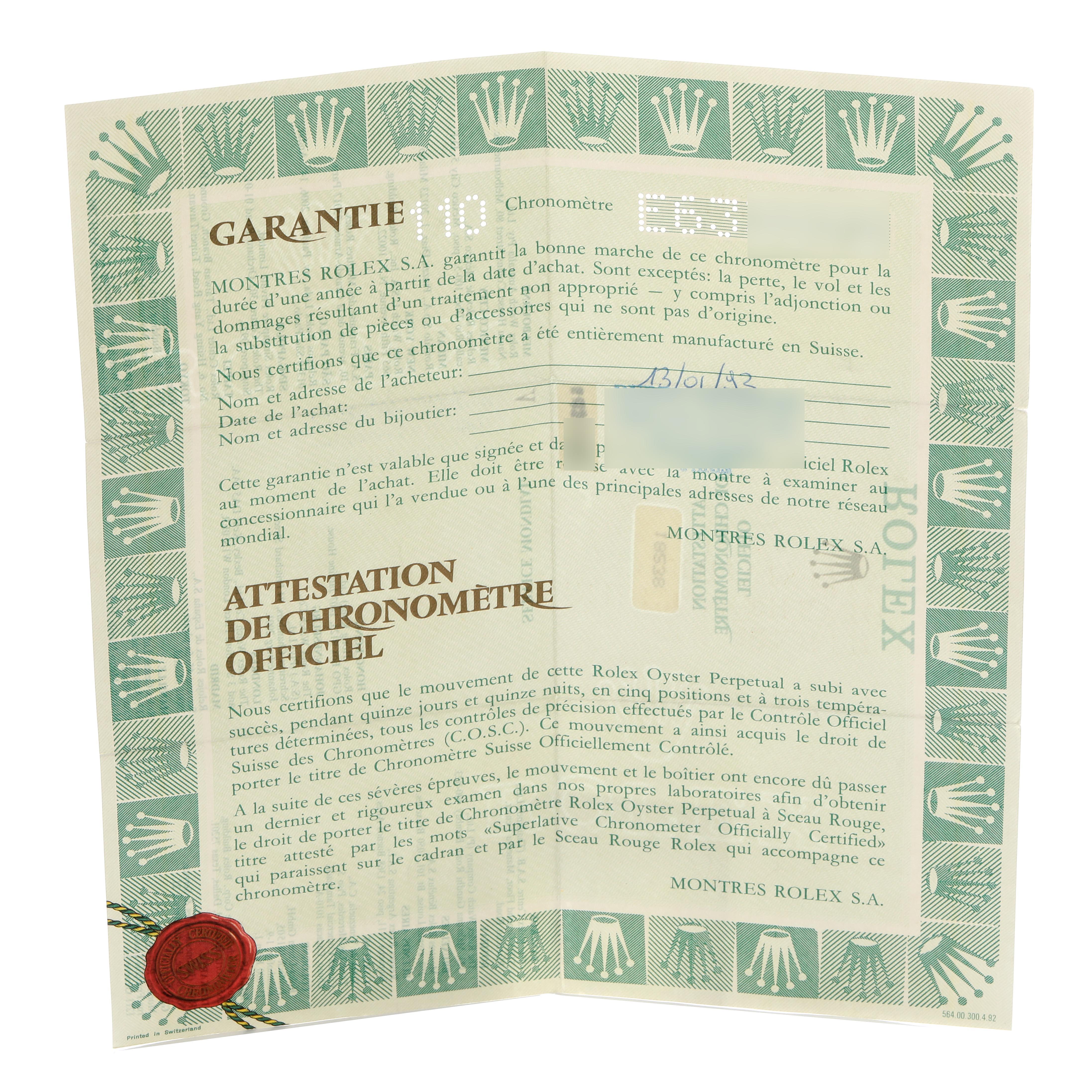 The image shows a warranty and chronometer certificate for a Rolex President 18238 Men
s Yellow Gold Champagne Dial 18238 Men
s Yellow Gold Champagne Dial model, featuring the brand
s logo and official text.