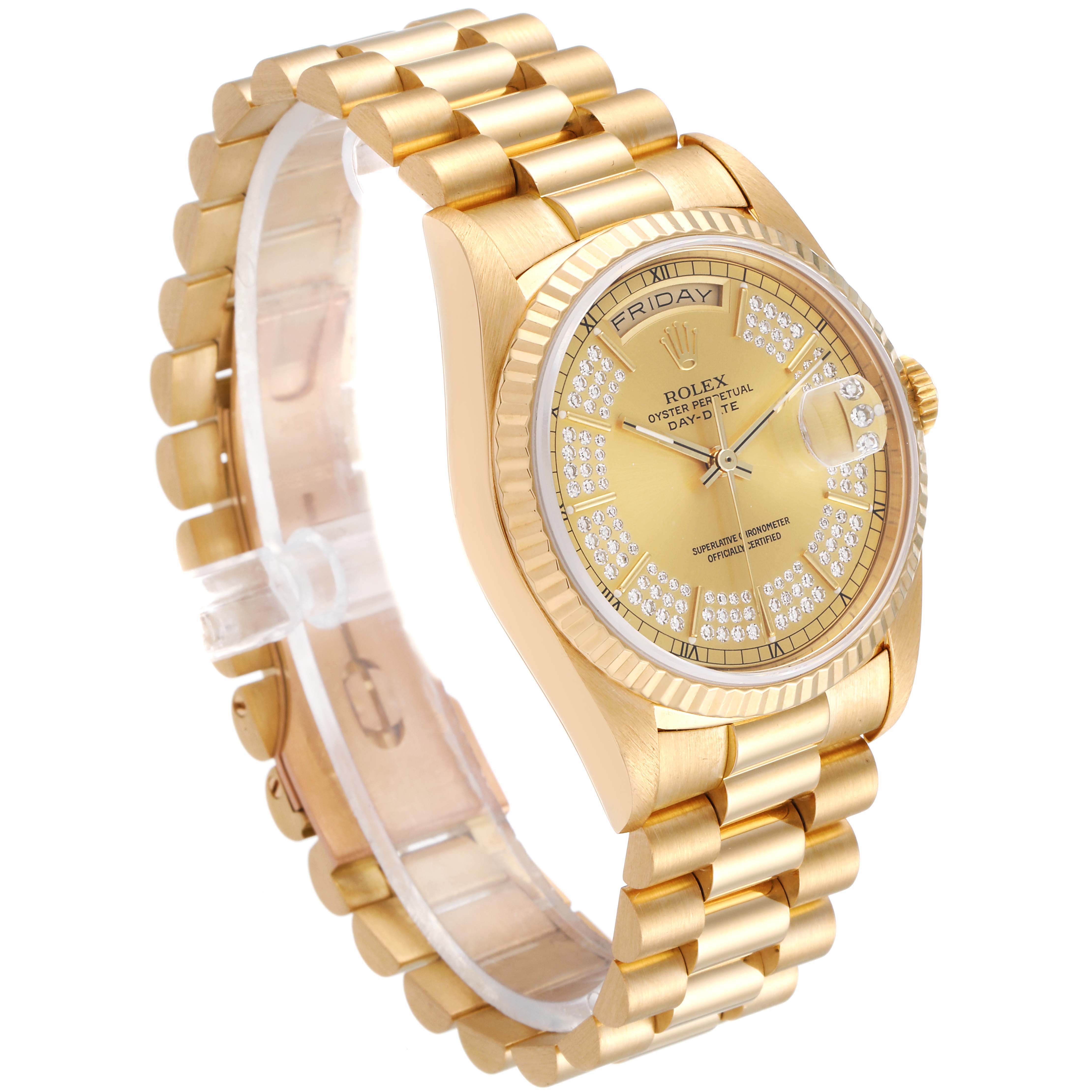 This image shows a Rolex President 18238 Men's Yellow Gold Champagne Dial 18238 Men's Yellow Gold Champagne Dial model watch at a three-quarter angle, highlighting the dial, bezel, and bracelet.