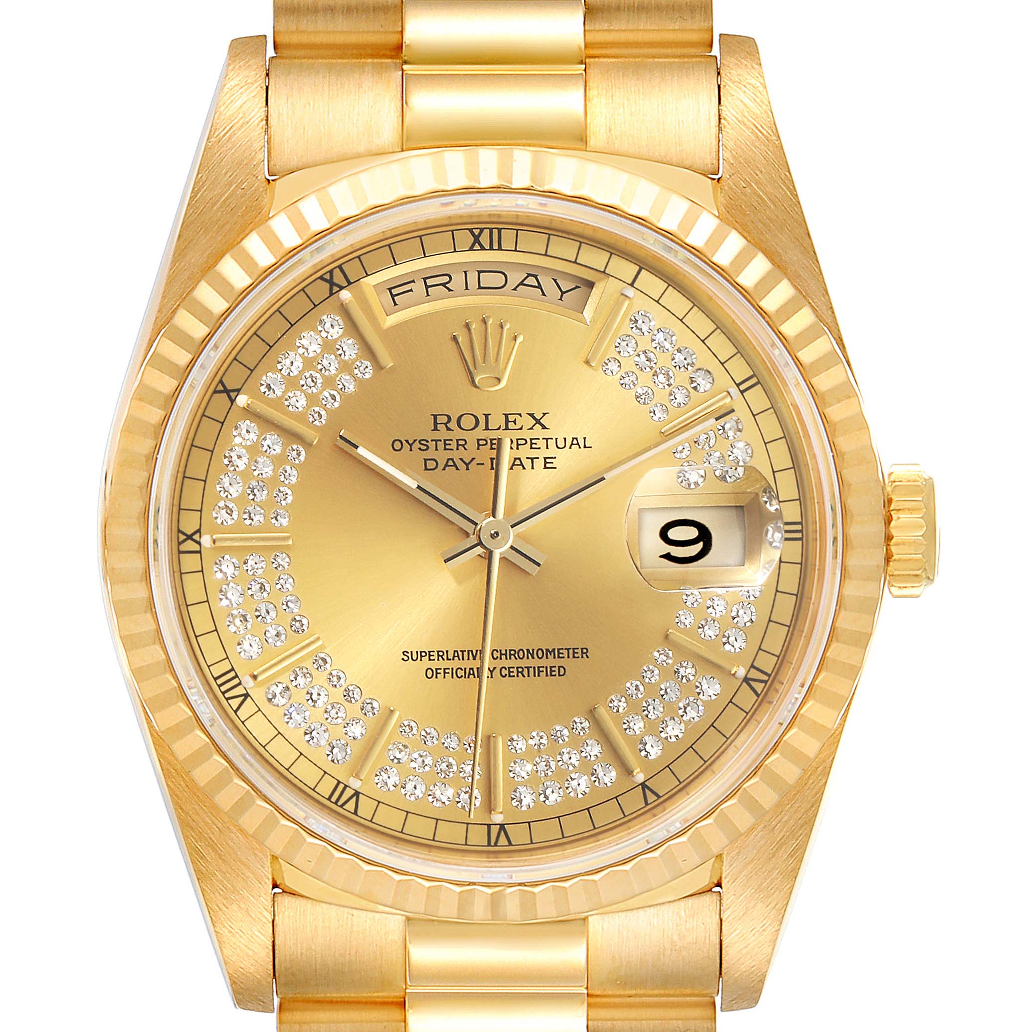 This image shows a close-up front view of the Rolex President 18238 Men's Yellow Gold Champagne Dial 18238 Men's Yellow Gold Champagne Dial Day-Date watch, featuring a gold case, diamond hour markers, and day/date windows.