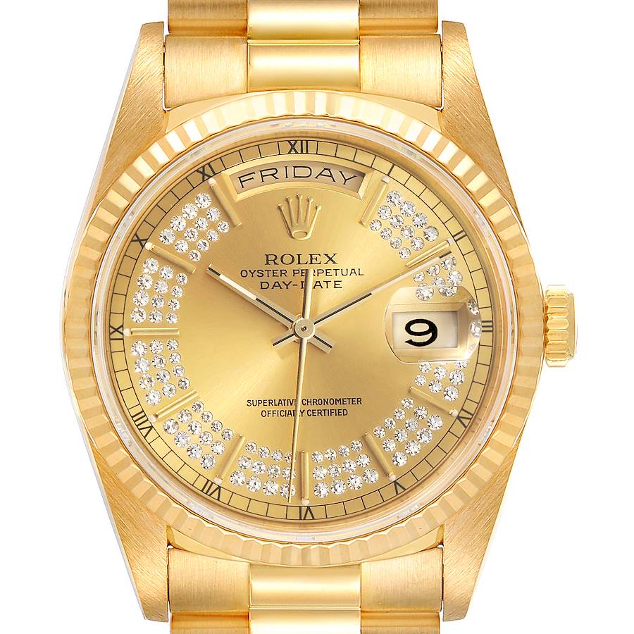 Rolex President Day-Date Yellow Gold String Diamond Dial Mens Watch 18238 SwissWatchExpo