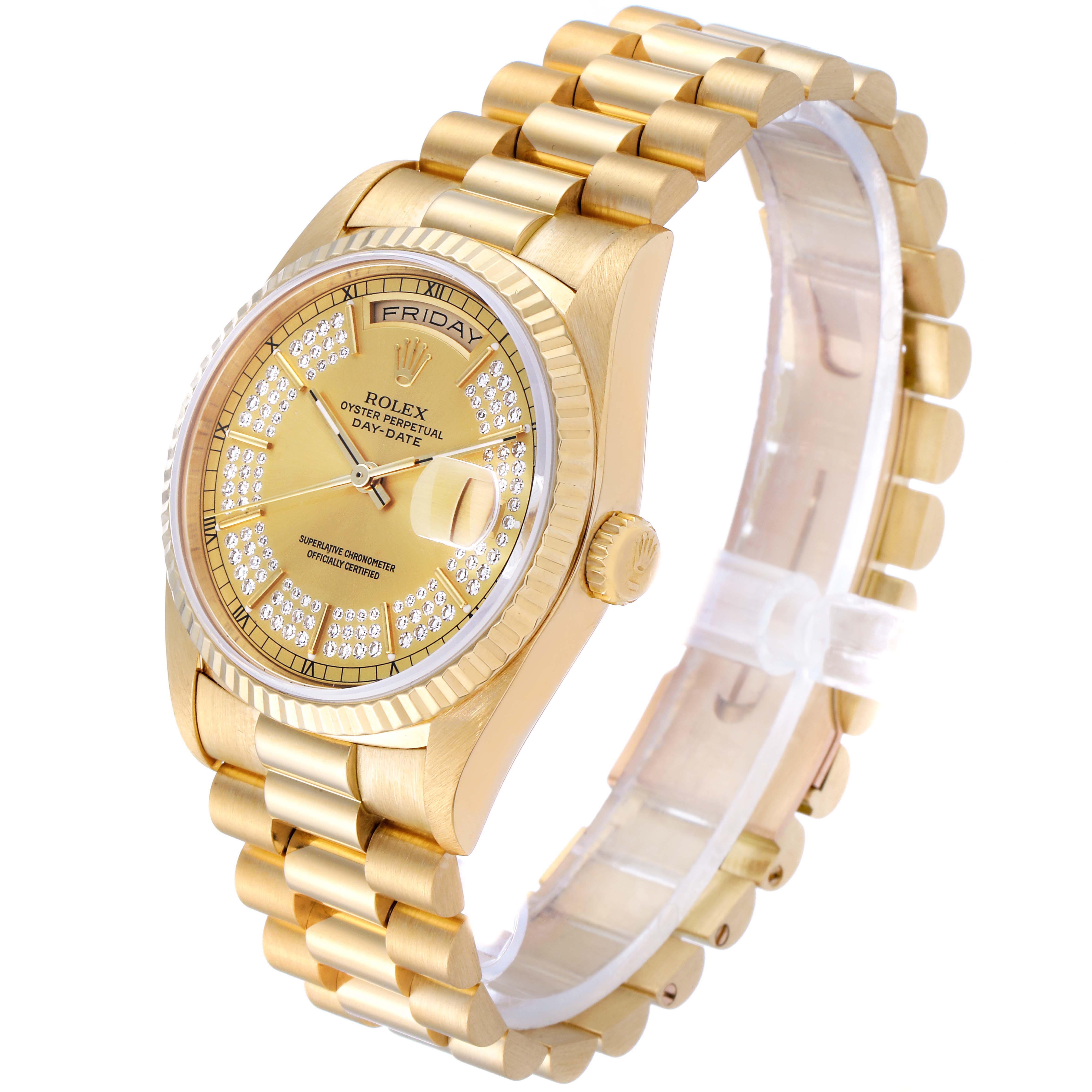 The image shows a Rolex President 18238 Men's Yellow Gold Champagne Dial 18238 Men's Yellow Gold Champagne Dial model watch at a slight angle, highlighting the dial, bezel, and bracelet.