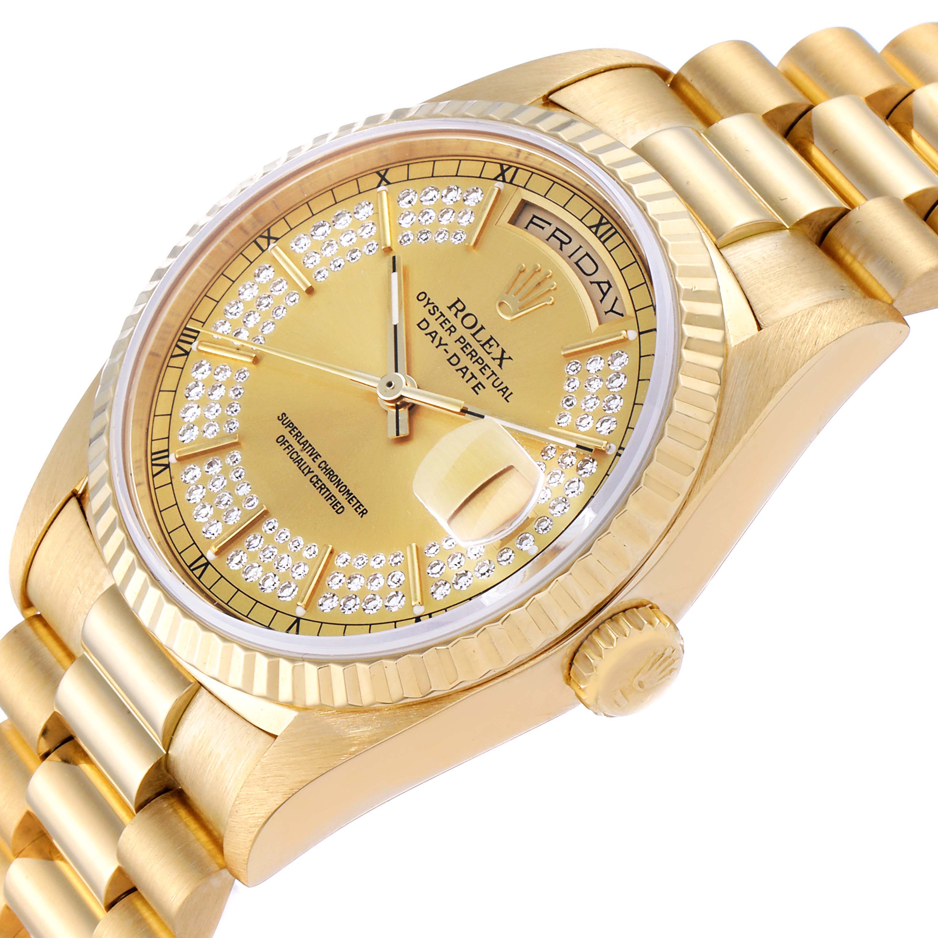 This image shows a close-up of the Rolex President 18238 Men's Yellow Gold Champagne Dial 18238 Men's Yellow Gold Champagne Dial model watch featuring the dial, hour markers, day display, and part of the bracelet.