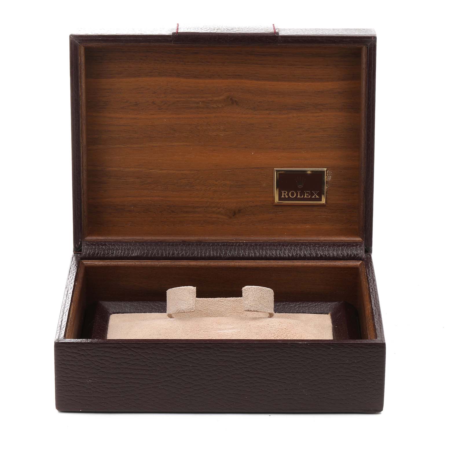 The image shows an open watch box for a Rolex President 18238 Men's Yellow Gold Champagne Dial 18238 Men's Yellow Gold Champagne Dial model, featuring a wooden interior and a Rolex logo.