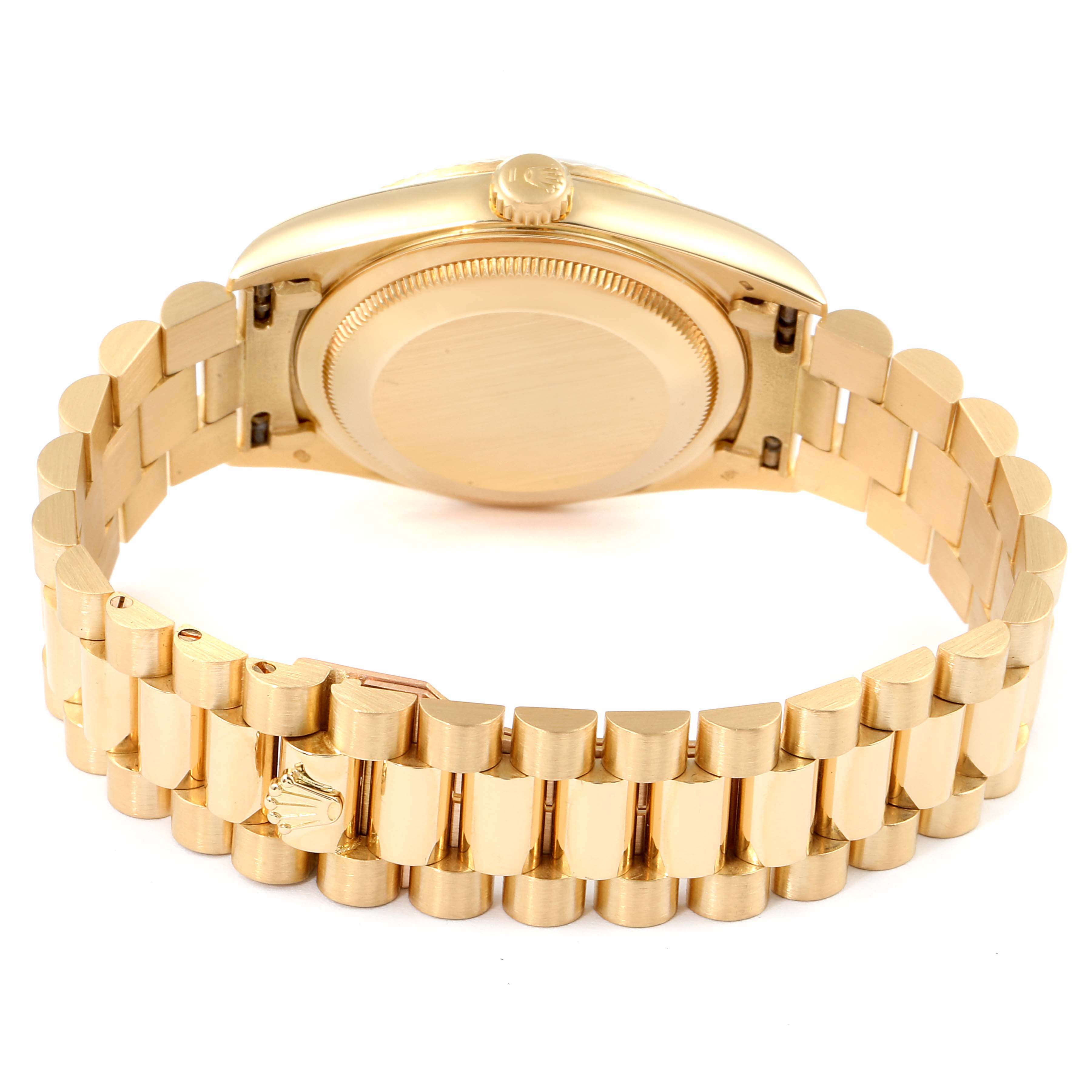 This image shows the back view of a Rolex President 18238 Men's Yellow Gold Champagne Dial 18238 Men's Yellow Gold Champagne Dial model watch, highlighting its bracelet and case back.