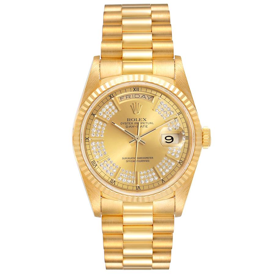 Rolex President Day-Date Yellow Gold String Diamond Dial Mens Watch ...