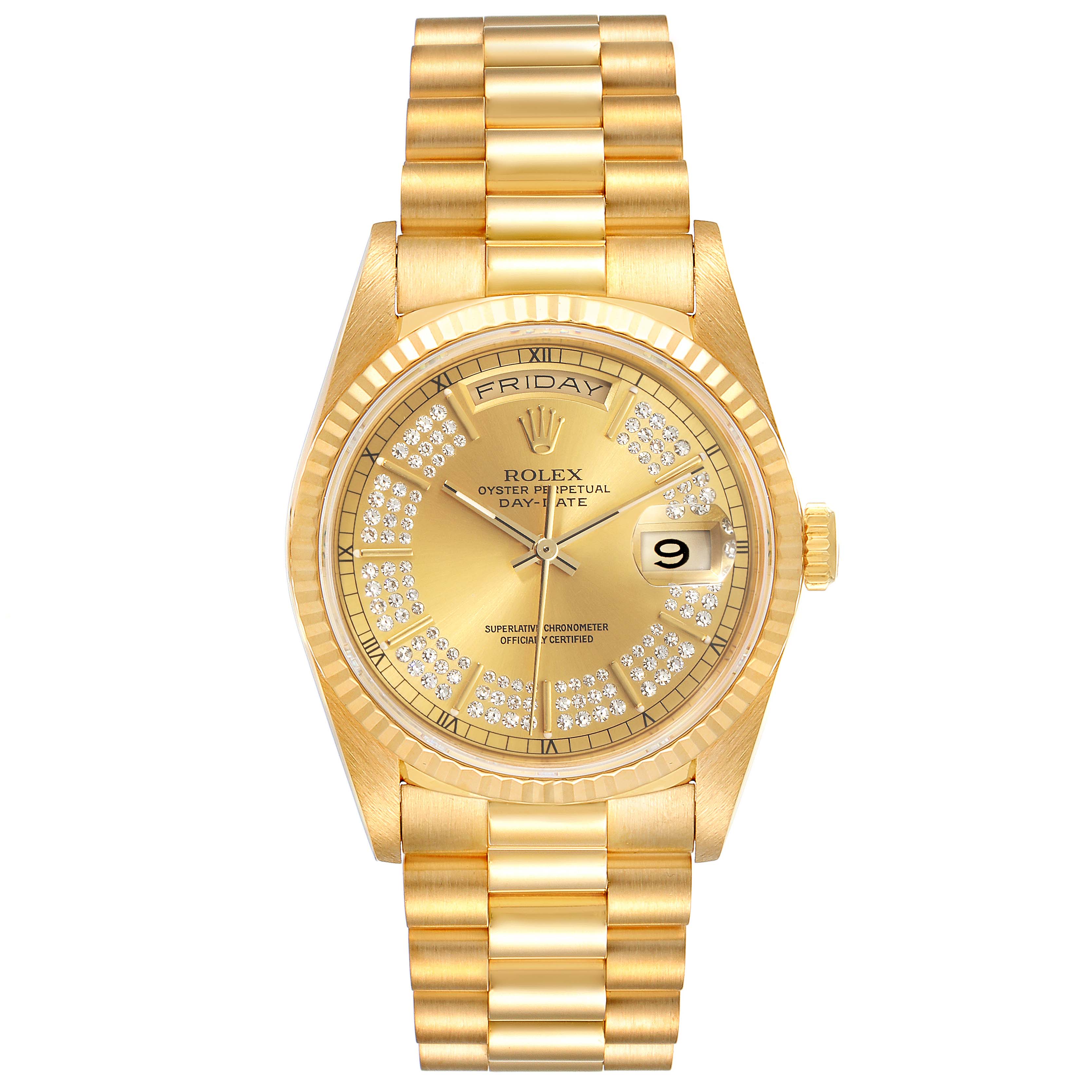 This image shows a front view of a gold Rolex President 18238 Men's Yellow Gold Champagne Dial 18238 Men's Yellow Gold Champagne Dial model watch, displaying the face, dial, and bracelet.