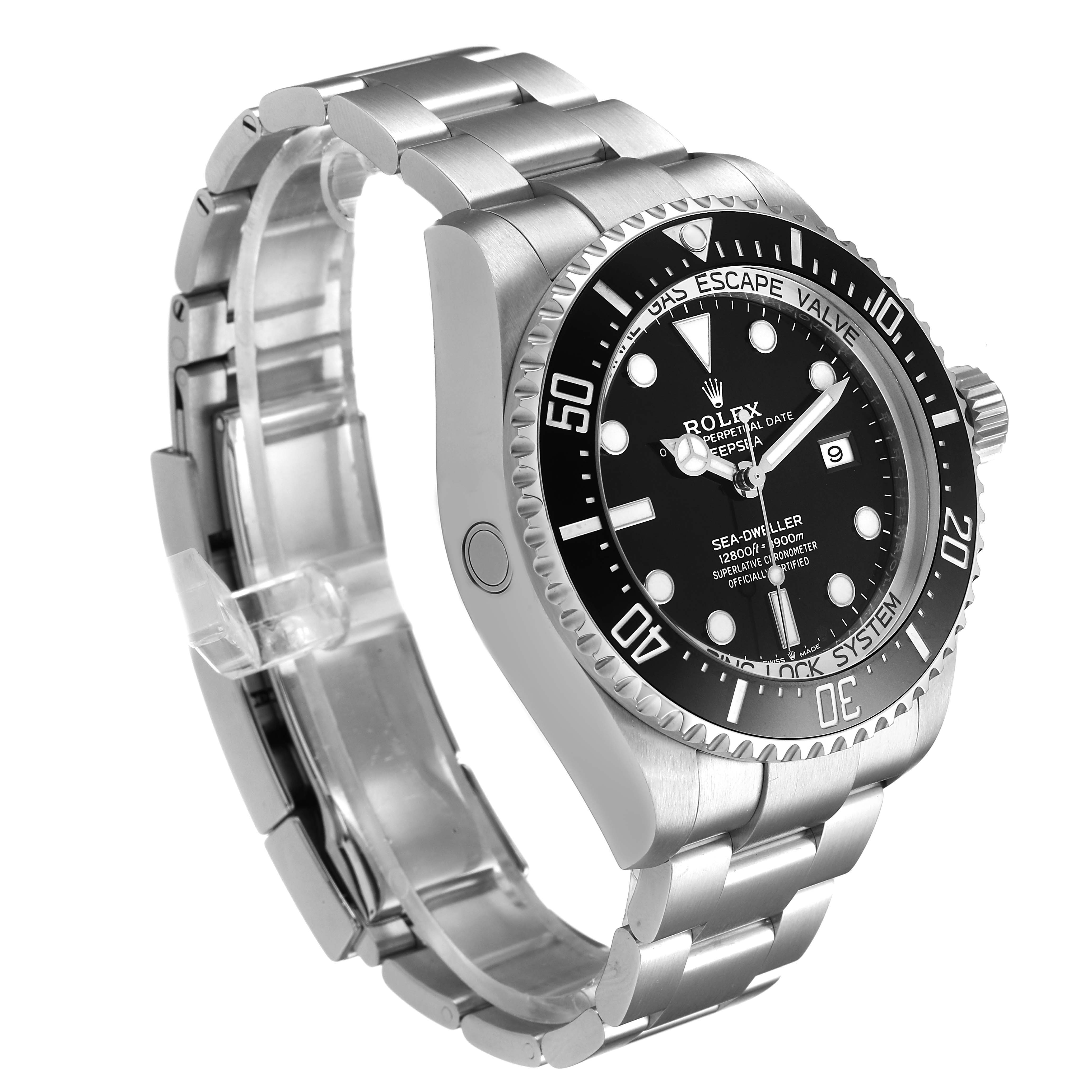 The Rolex Sea-Dweller 126660 Men's Stainless Steel Black Dial watch is shown at a side angle, highlighting the bracelet, bezel, and face.