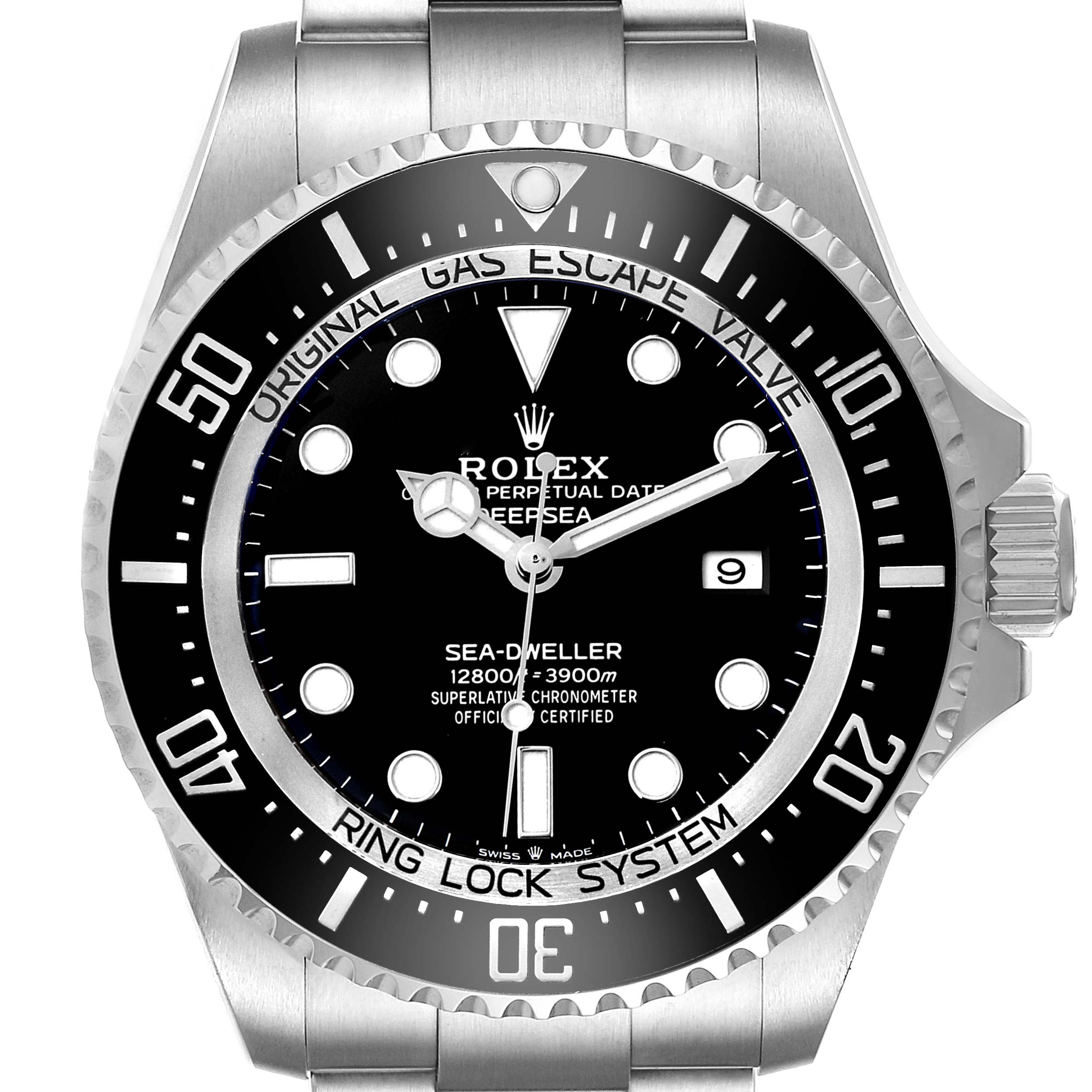 The Rolex Sea-Dweller 126660 Men's Stainless Steel Black Dial watch is shown from the front, highlighting the dial, bezel, hands, and part of the strap.