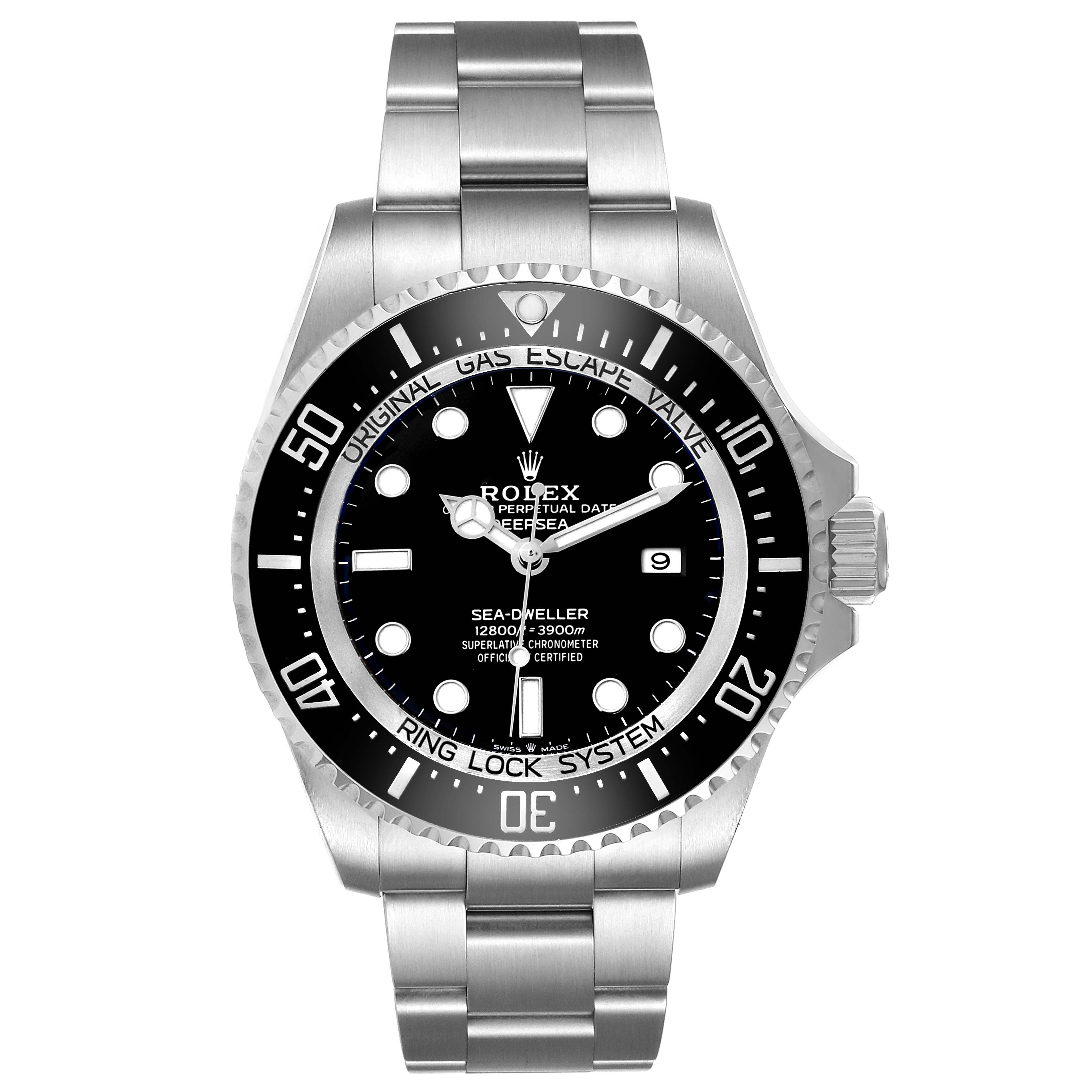 The Rolex Sea-Dweller 126660 Men's Stainless Steel Black Dial watch is shown from a top-down angle, highlighting the face, bezel, and bracelet.
