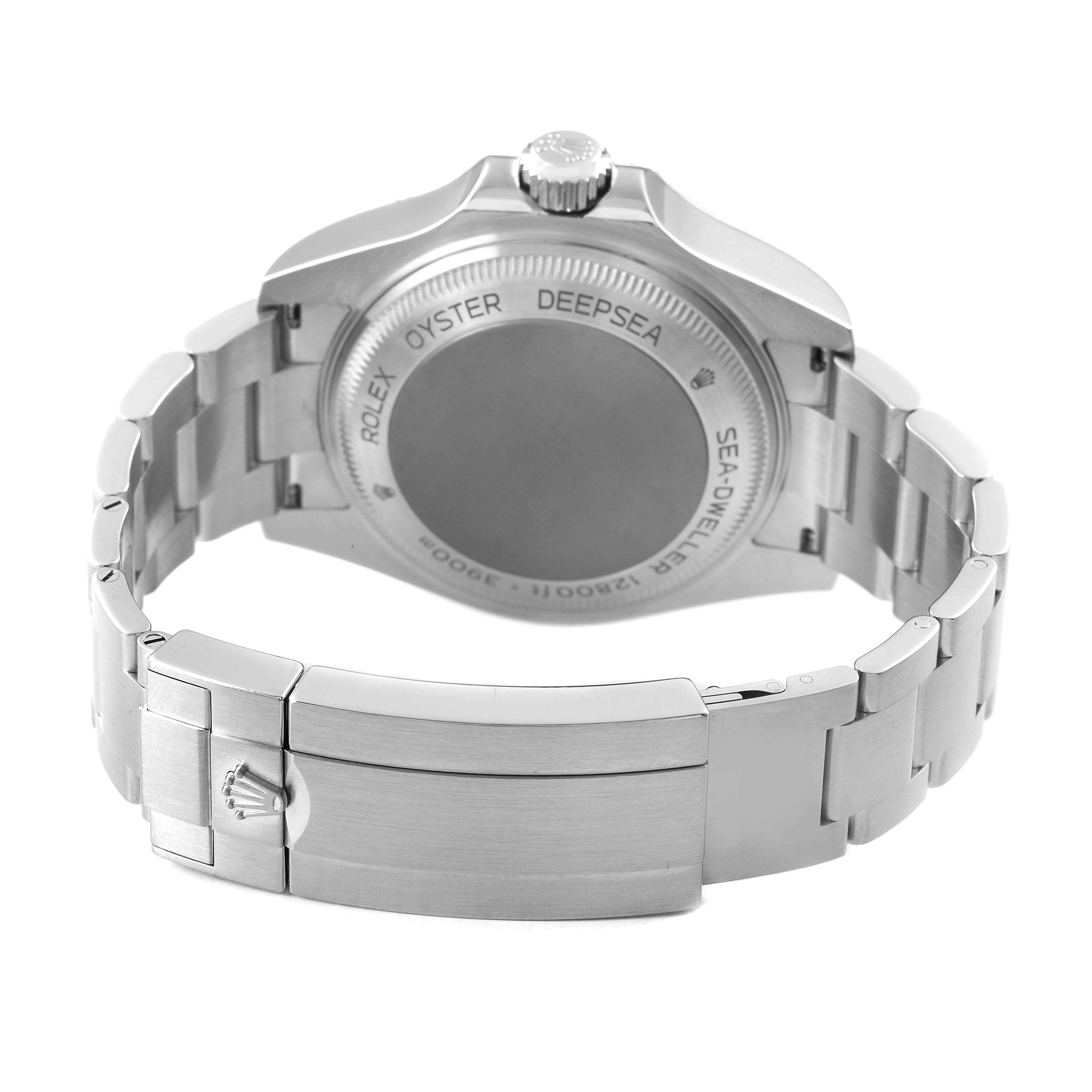 The image shows the back and clasp of a Rolex Sea-Dweller 126660 Men's Stainless Steel Black Dial, highlighting the bracelet and case back.