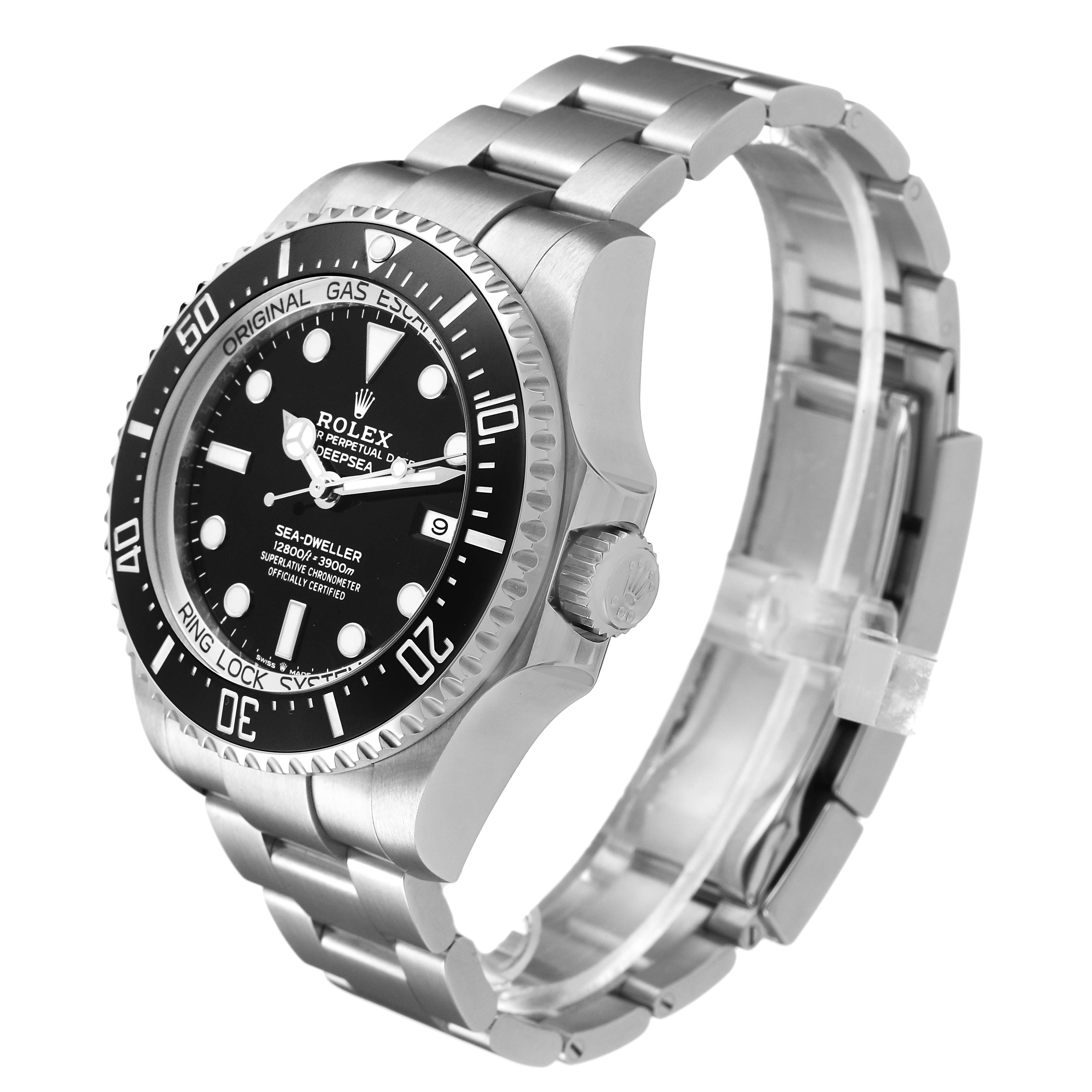 The image shows a Rolex Sea-Dweller 126660 Men's Stainless Steel Black Dial watch at a three-quarter angle highlighting the face, bezel, crown, and bracelet.